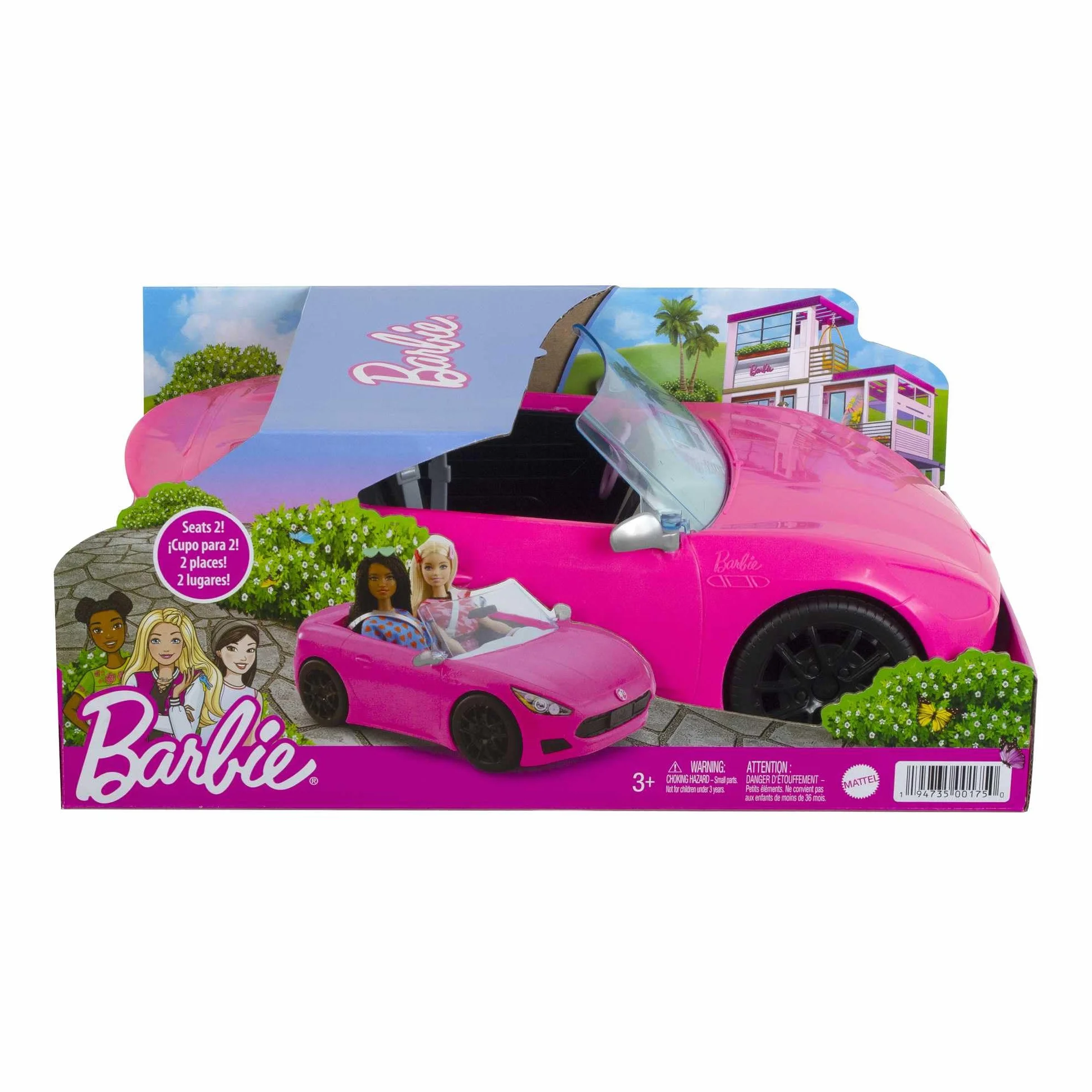 Barbie - Cabrio Veicolo Decapottabile Rosa a Due Posti con Ruote Funzionanti e Dettagli Realistici, Giocattolo per Bambini 3+ Anni, HBT92