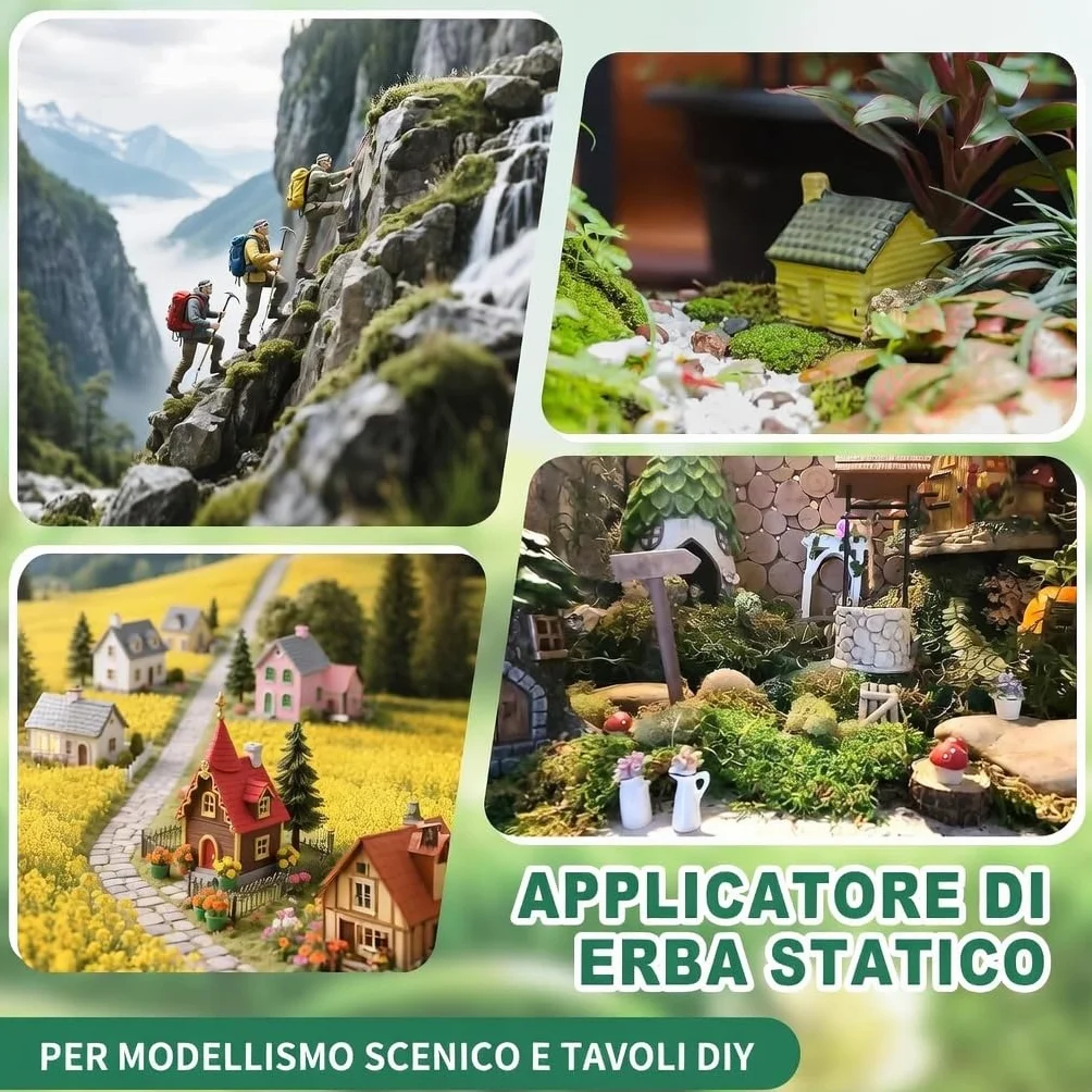 Applicatore di erba statica, strumento elettrostatico per floccaggio con spazzola e 6 tubi per erba per fai da te prato in miniatura scena, modellismo, architettura, paesaggi