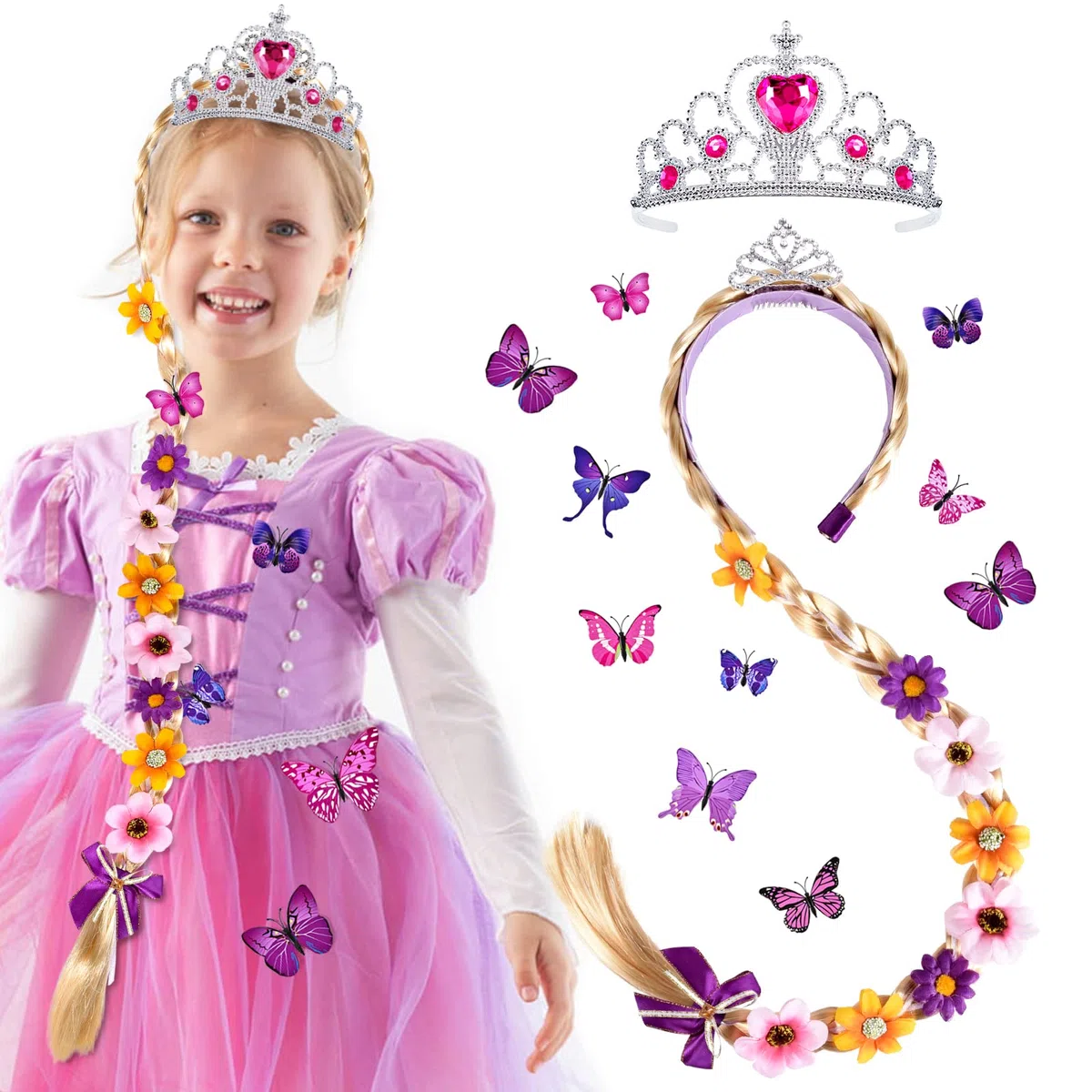 vamei Principessa Parrucca Bambina Parrucche Treccia con Diadema Farfalla Spilla Vestito Principessa Accessori per Bambini Ragazza Cosplay Carnevale Halloween Festa di Compleanno
