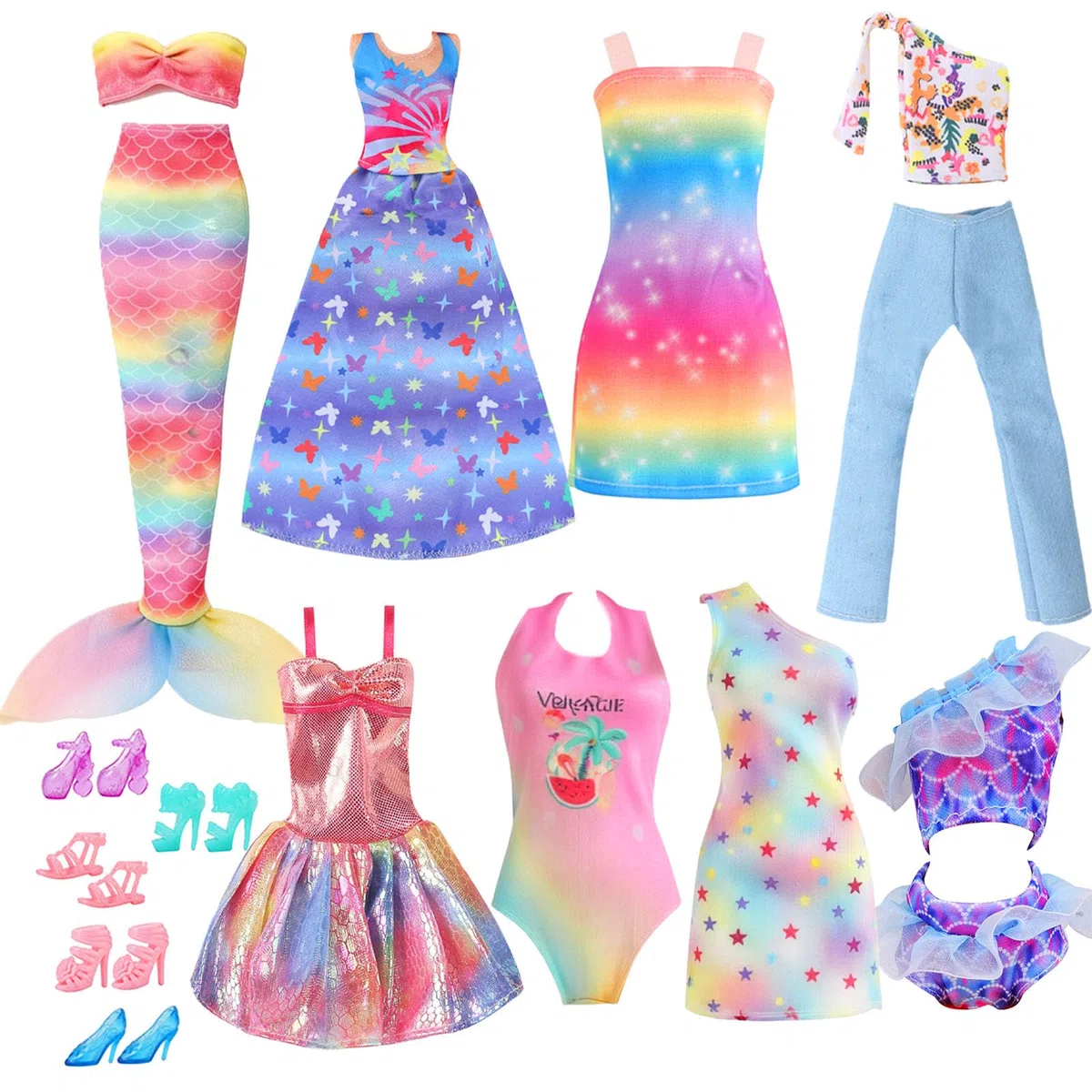 16 vestiti e scarpe per bambole compatibili con Barbie da 29,2 cm, include 1 vestito a sirena, 2 top con cinturino, 2 vestito, 1 pantaloni, 4 set costumi da bagno 5 scarpe, regali per ragazze