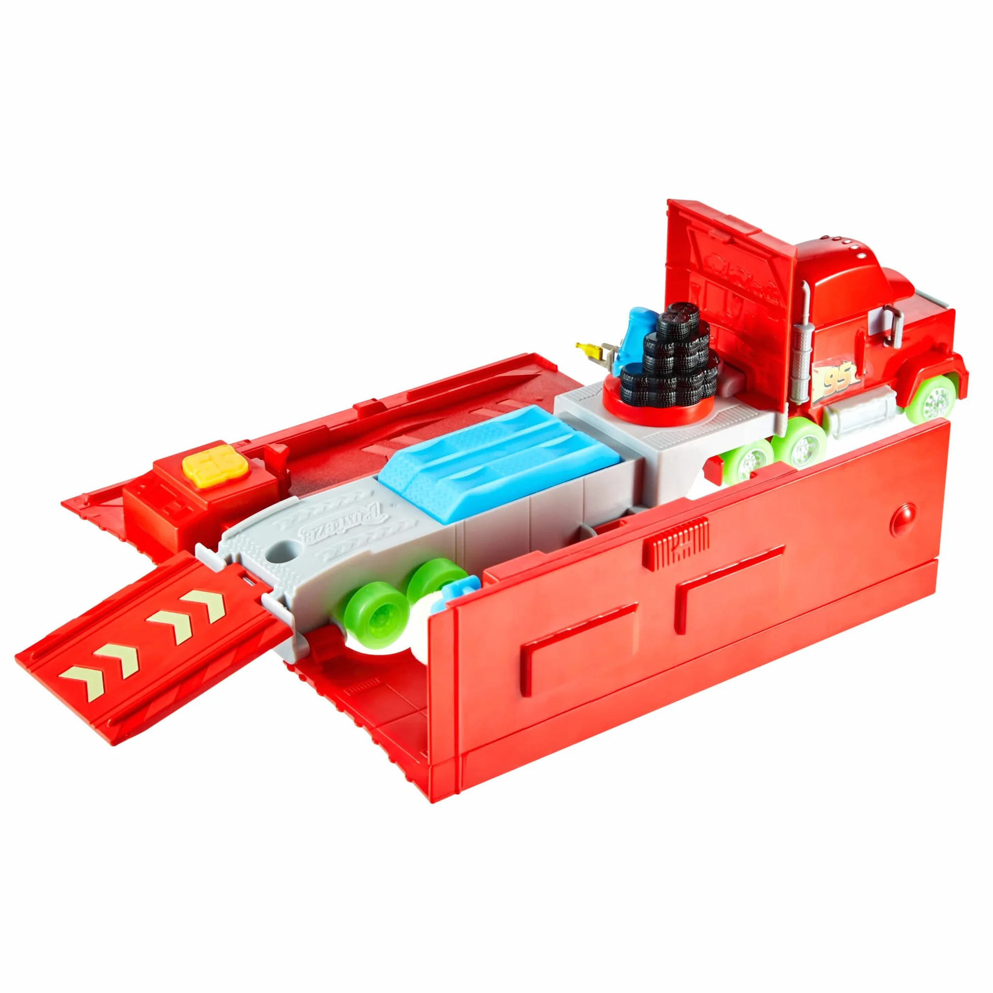 Mattel Disney Pixar Cars Auto Luminose Mack Trasformabile, playset con truck giocattolo fluorescente 2 in 1 e officina per la messa a punto con lanciatore, ponte sollevatore e molto altro, HPX76
