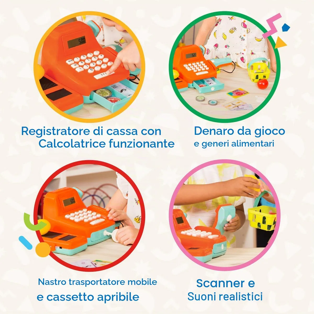 Battat - Registratore di cassa - Registro dei giochi di finzione - Calcolo del registro di cassa - Accessori per la spesa dei bambini - Scanner e suoni - 3 anni +