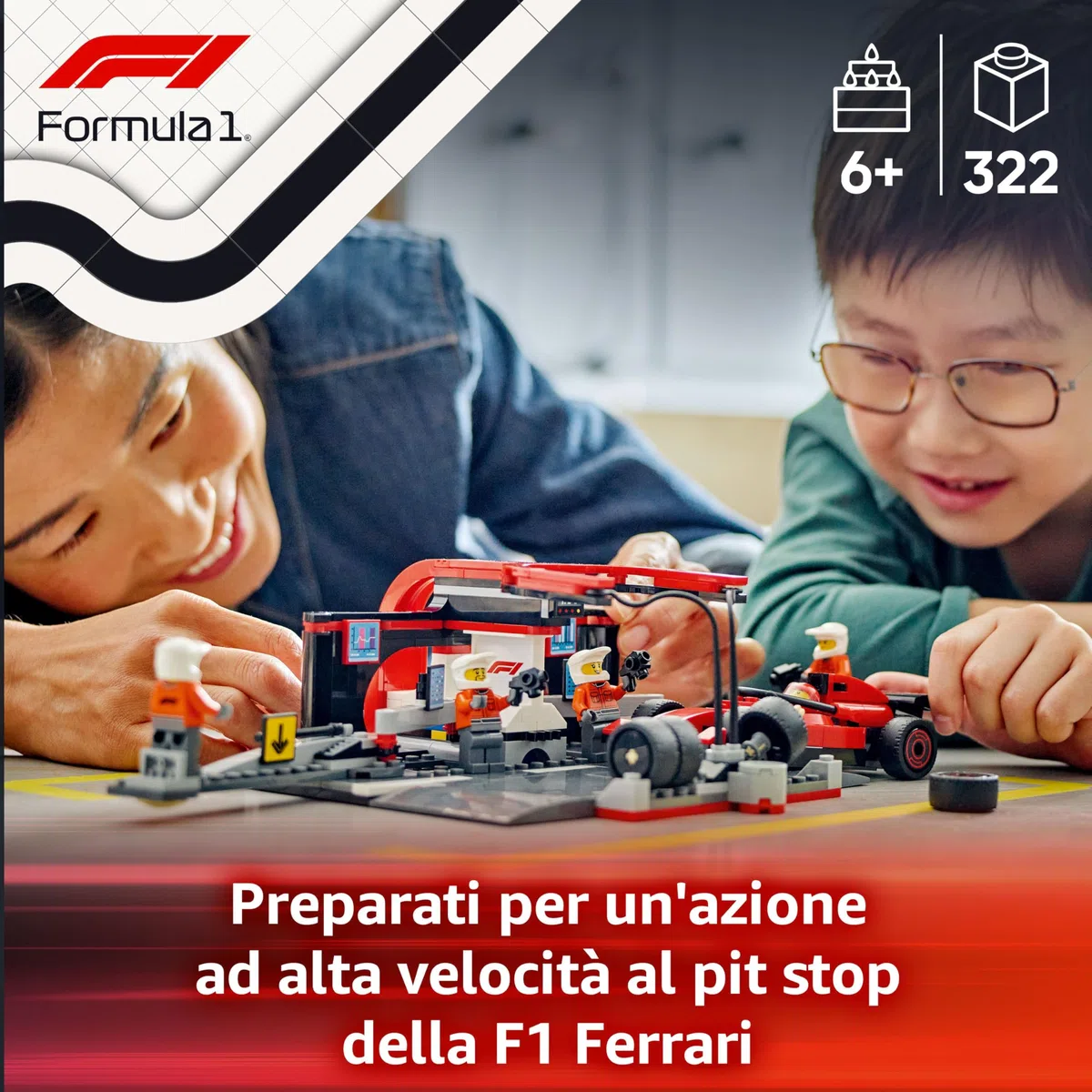 LEGO City Pit Stop e Meccanici con Monoposto Ferrari F1 - Kit Officina da Costruire con Macchina Giocattolo, Minifigure e Accessori, Giochi per Bambini da 6 Anni Fan delle Auto da Corsa Sportive 60443
