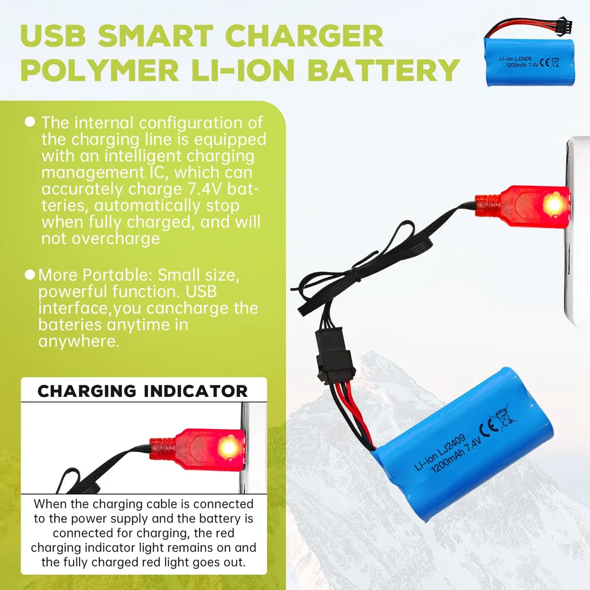 1PCS 7.4V 1200mAh SM-4P Plug Batteria Ricaricabile con Cavo di Ricarica USB per EC08 RC Giocattolo Arrampicata Drifting Car Modello Off-Road Car RC Barca Batteria