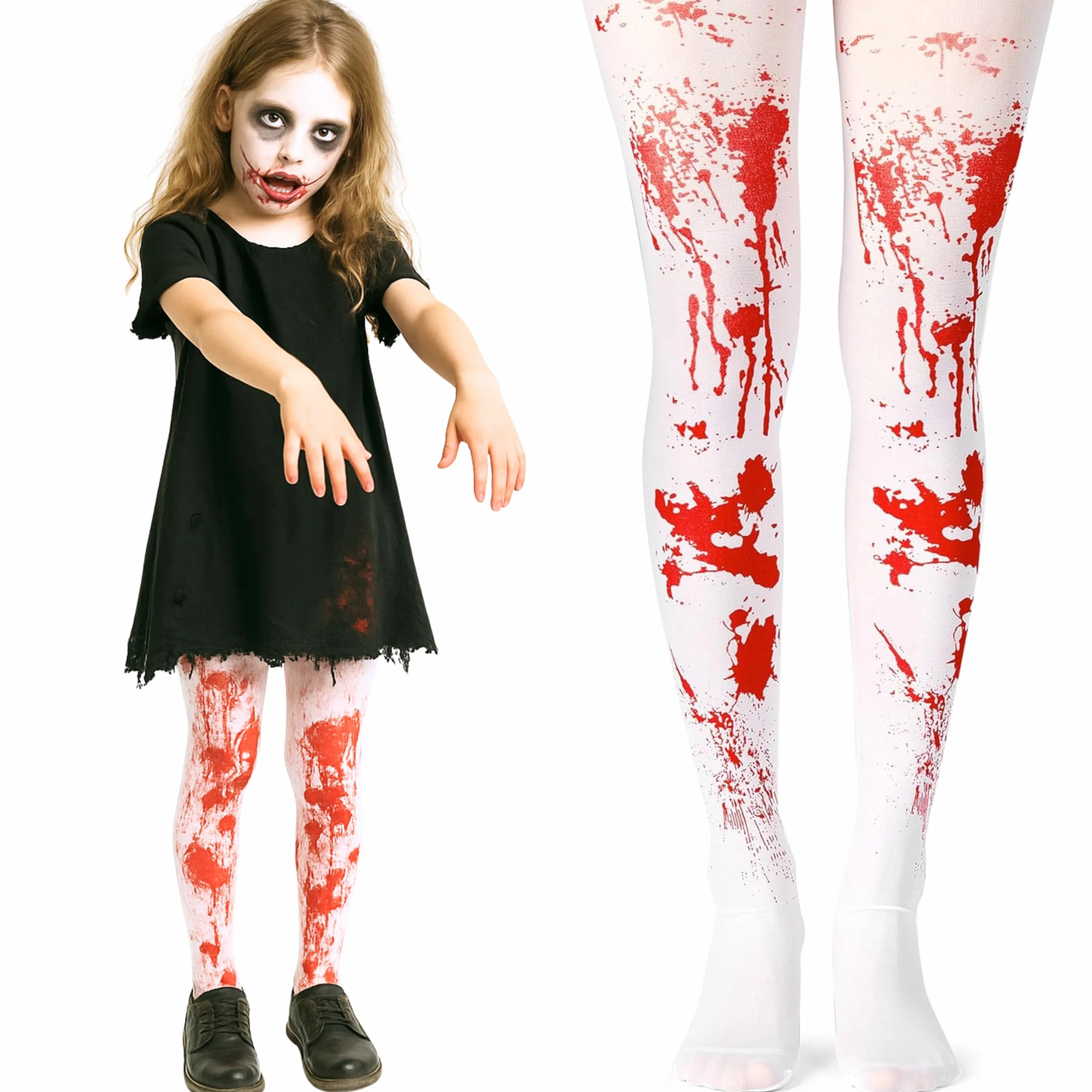 Collant macchiati di sangue per bambini costumi di Halloween - Collant macchiati di sangue rosso e bianco per età 7-12 - 1 paio di calze sanguinanti per ragazze zombie costumi di Halloween accessori