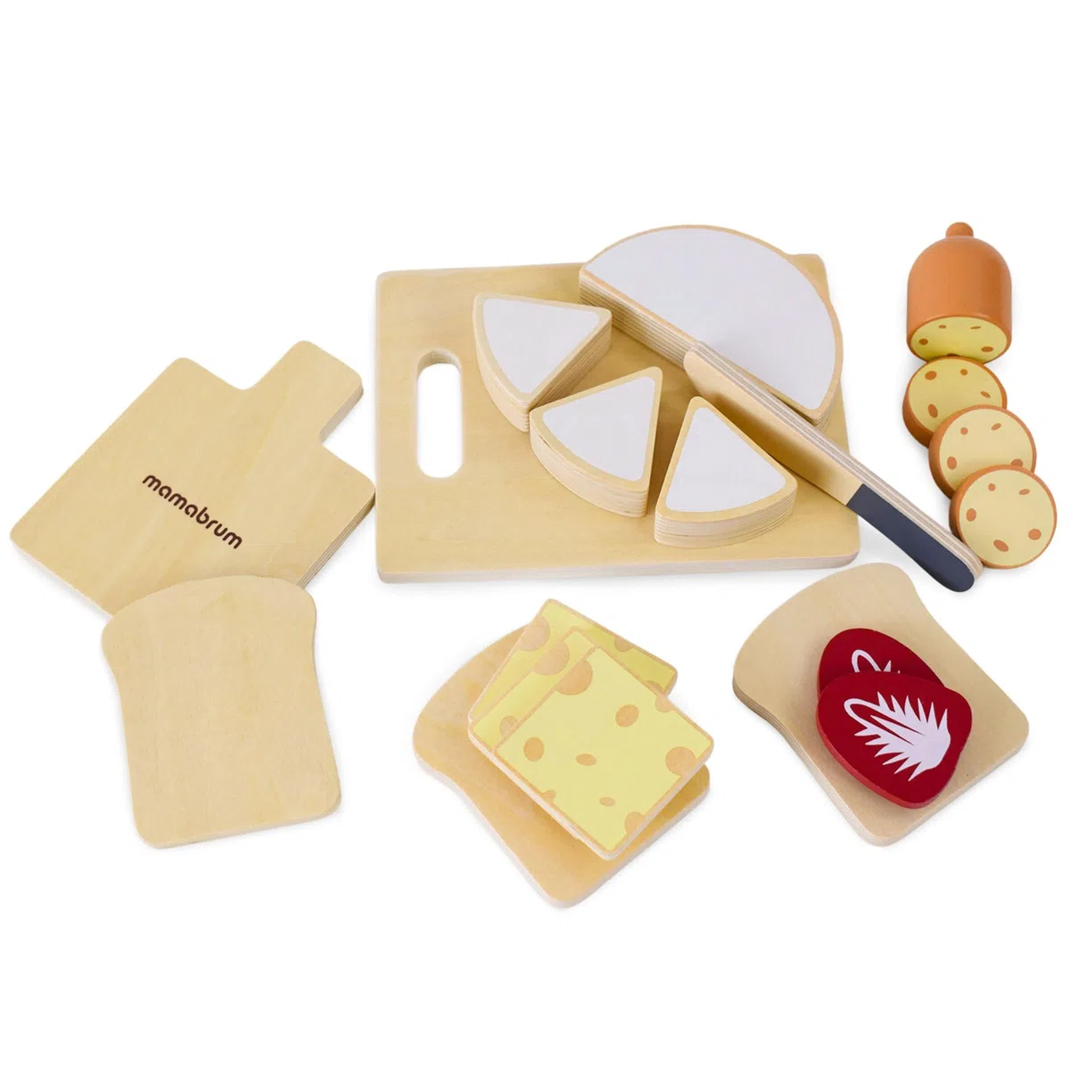 Mamabrum Set Colazione in Legno per Bambini - Gioco di Pappa con Accessori da Cucina per Piccoli Chef, Include Tagliere e Alimenti in Legno