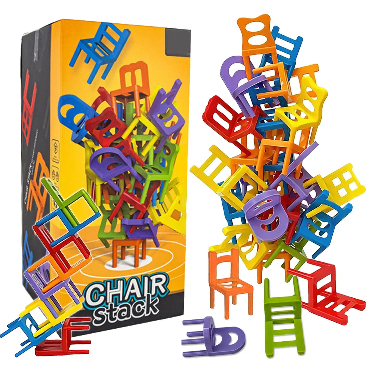 Eymobad 42 pezzi gioco per sedie impilabili, mini sedie di equilibrio, giocattolo impilabile, gioco di torre impilabile, gioco di stacking per bambini, sedia impilabile per feste con più giocatori