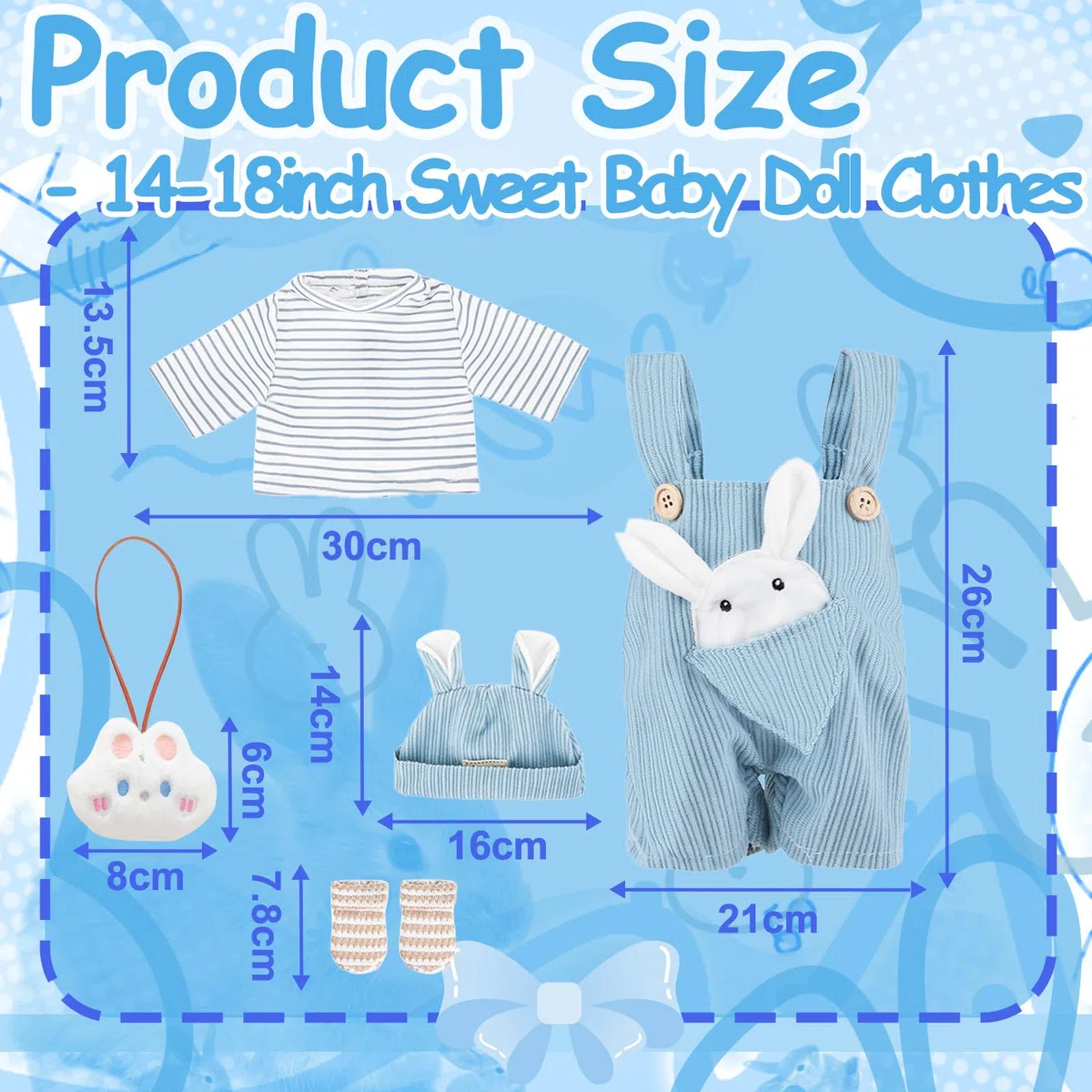5 abiti per bambole da 14 a 18 pollici, 35 – 45 cm, graziosi vestiti per bambole, 1 tuta da coniglio blu + 1 top+1 cappello a orecchie di coniglio + 1 calzino+1 ciondolo a coniglietto per ragazze