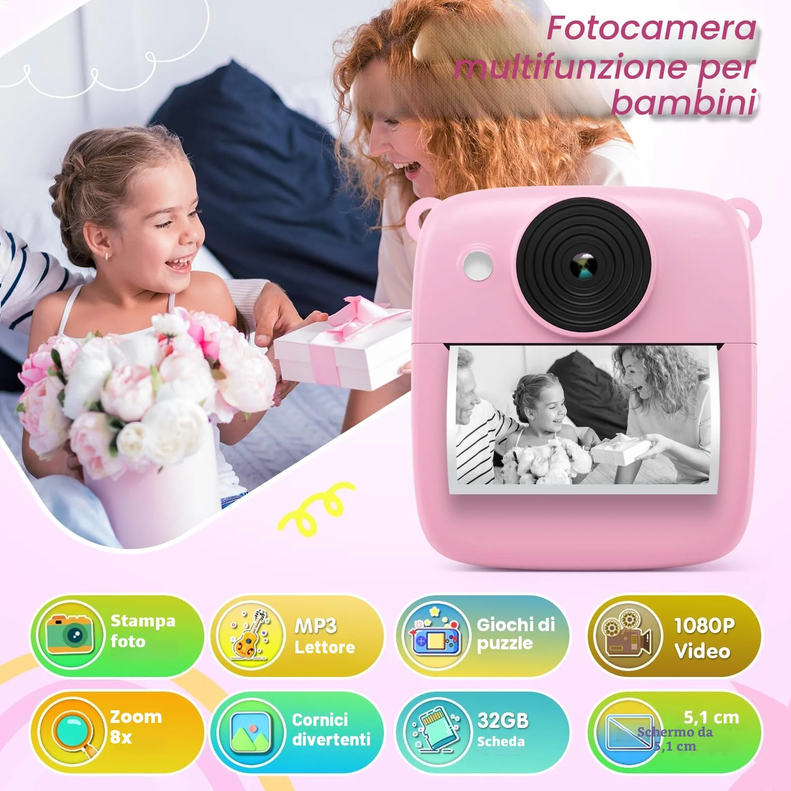 CalineGam Macchina Fotografica Bambini Istantanea, 2.0 Pollici Fotocamera Digitale Bambini con 32GB Scheda e Carta Fotografica, Regali di Natale Compleanno per 4 5 6 7 8 9 10 Ragazze Ragazzi (Rosa)
