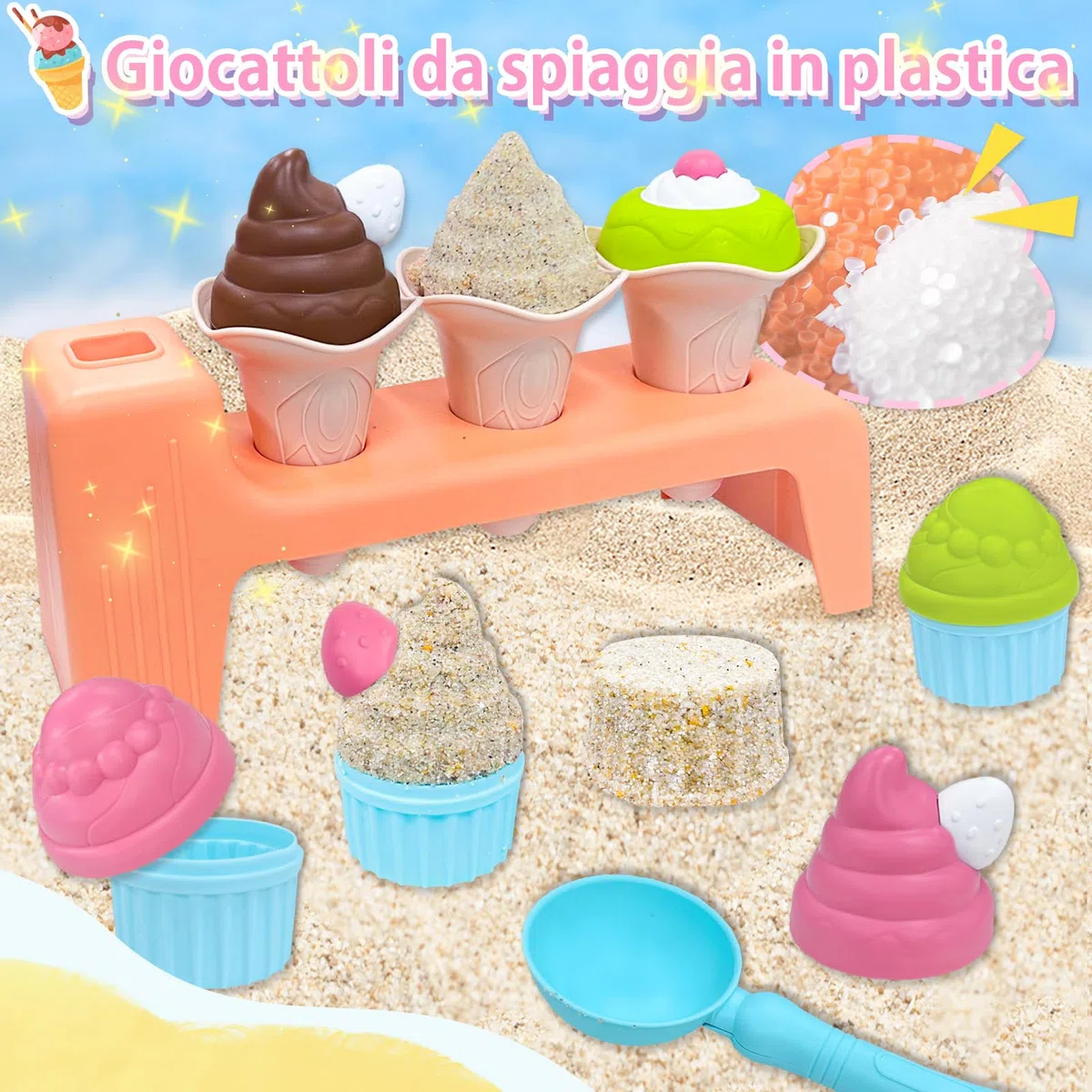 VBACALA Set Spiaggia per Bambini 15 Pezzi,Giocattolo Spiaggias di Gelato Completo con Pala,Gelato Stampo,Cono Torta Giocattolo Spiaggia, Giocattoli Bambini 3+ Anni