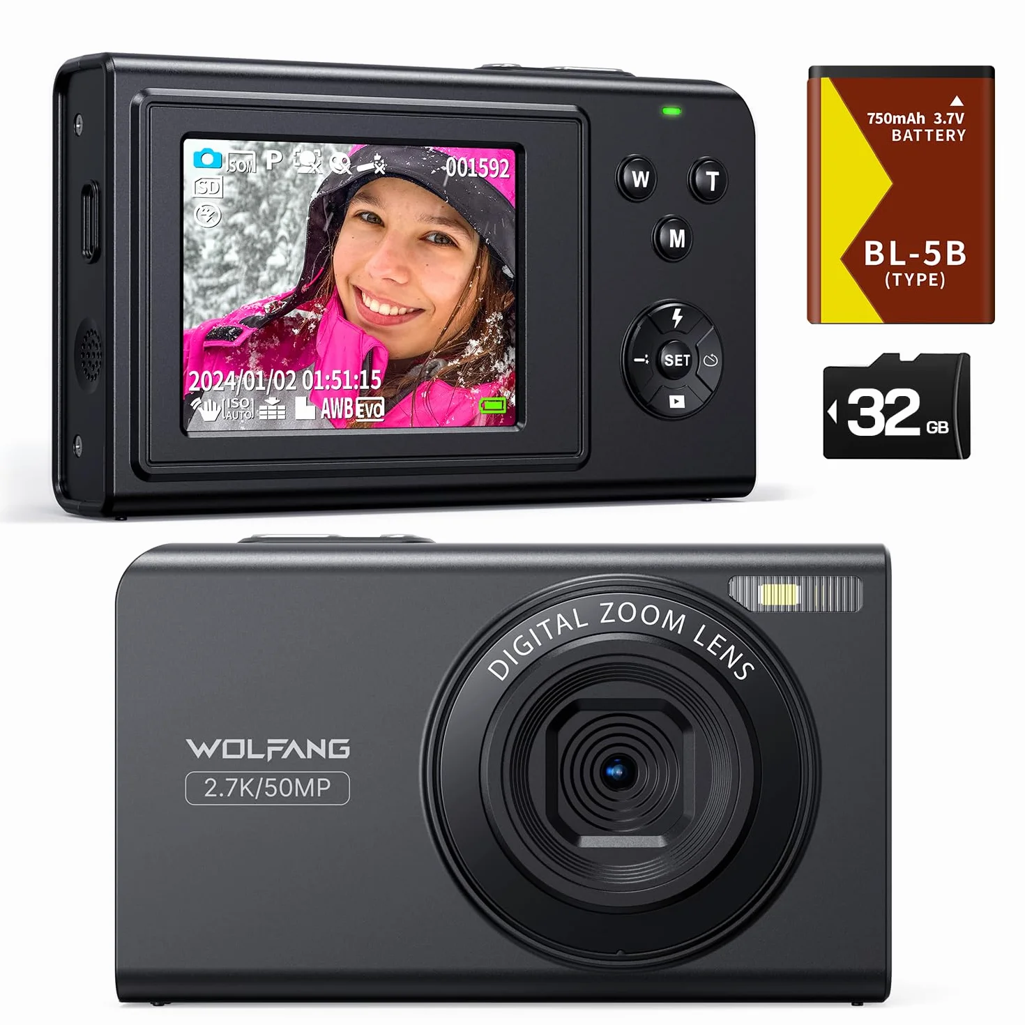WOLFANG Fotocamera digitale, fotocamera per bambini da 2,7K, fotocamera compatta da 50MP, videocamera con zoom digitale 16x, zoom e scatto automatico, regalo per ragazzi