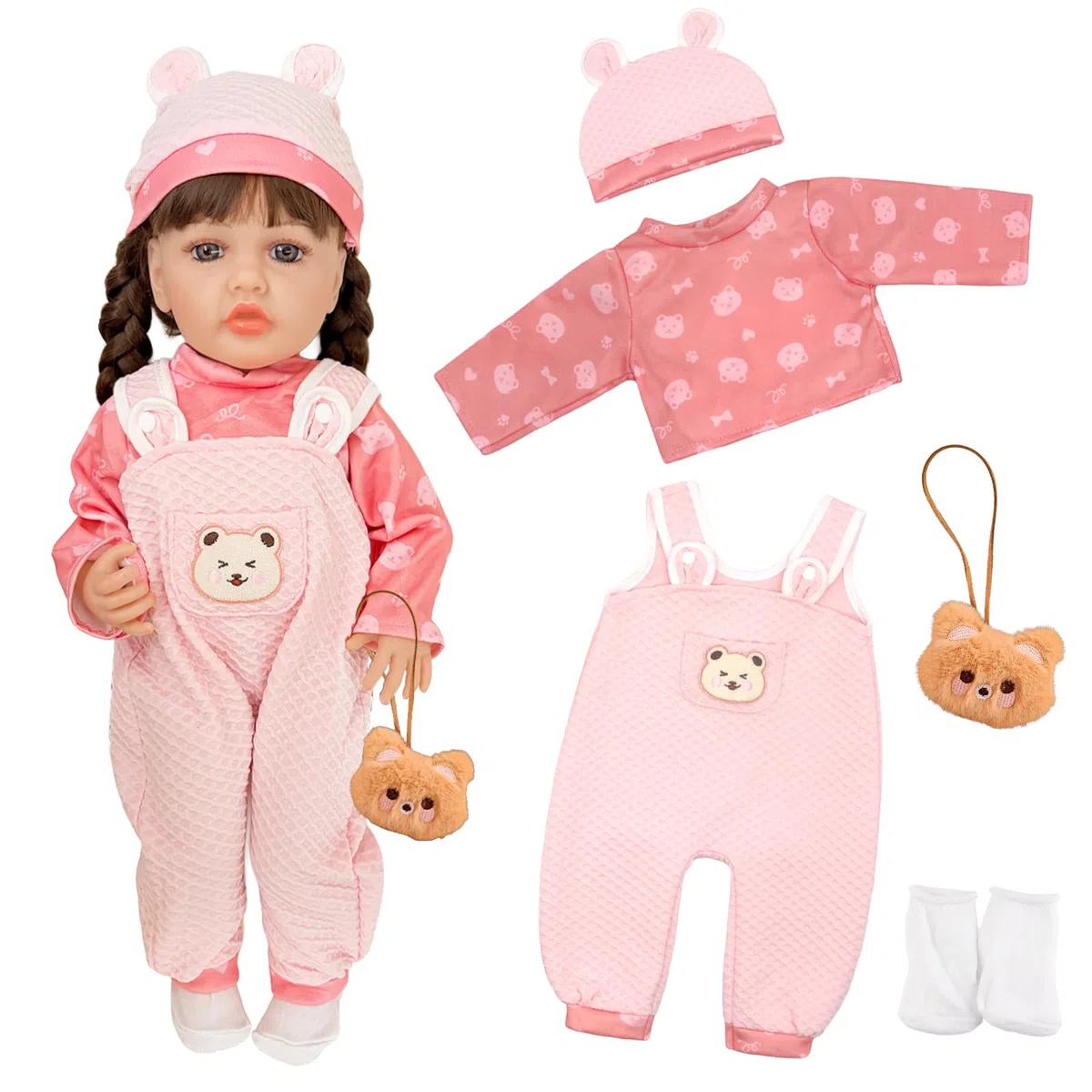 5 pezzi di abbigliamento per bambole per bambole da 20-22 pollici, adorabile tuta rosa da 50 cm per bambola con 1 top con stampa orso + 1 tuta + 1 berretto + 1 ciondolo orso + calzini, regali per