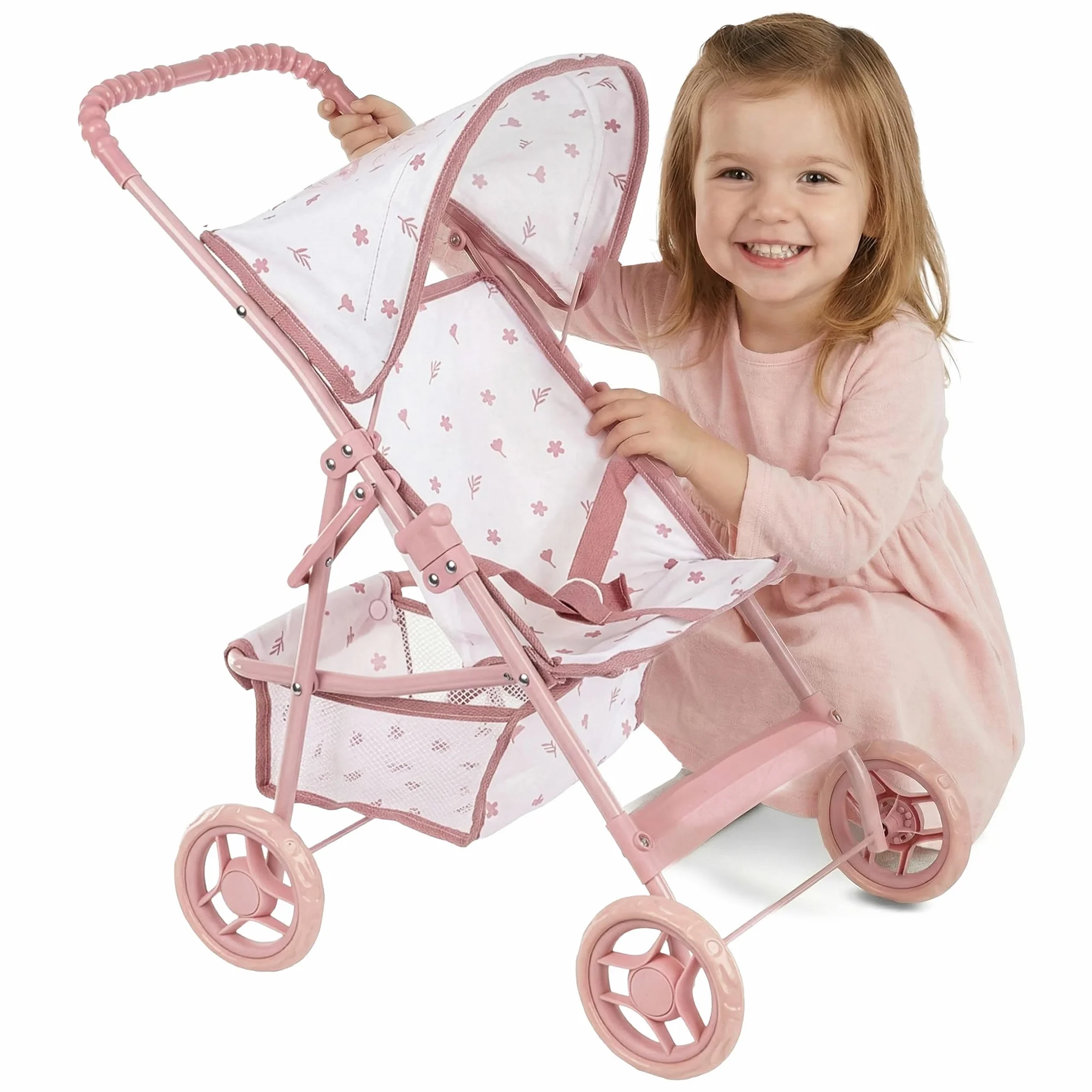 Kinderplay Passeggino per bambole dai 3 anni in su - Passeggino leggero e pieghevole, con ruote in EVA, cinghia e tettuccio, colore rosa