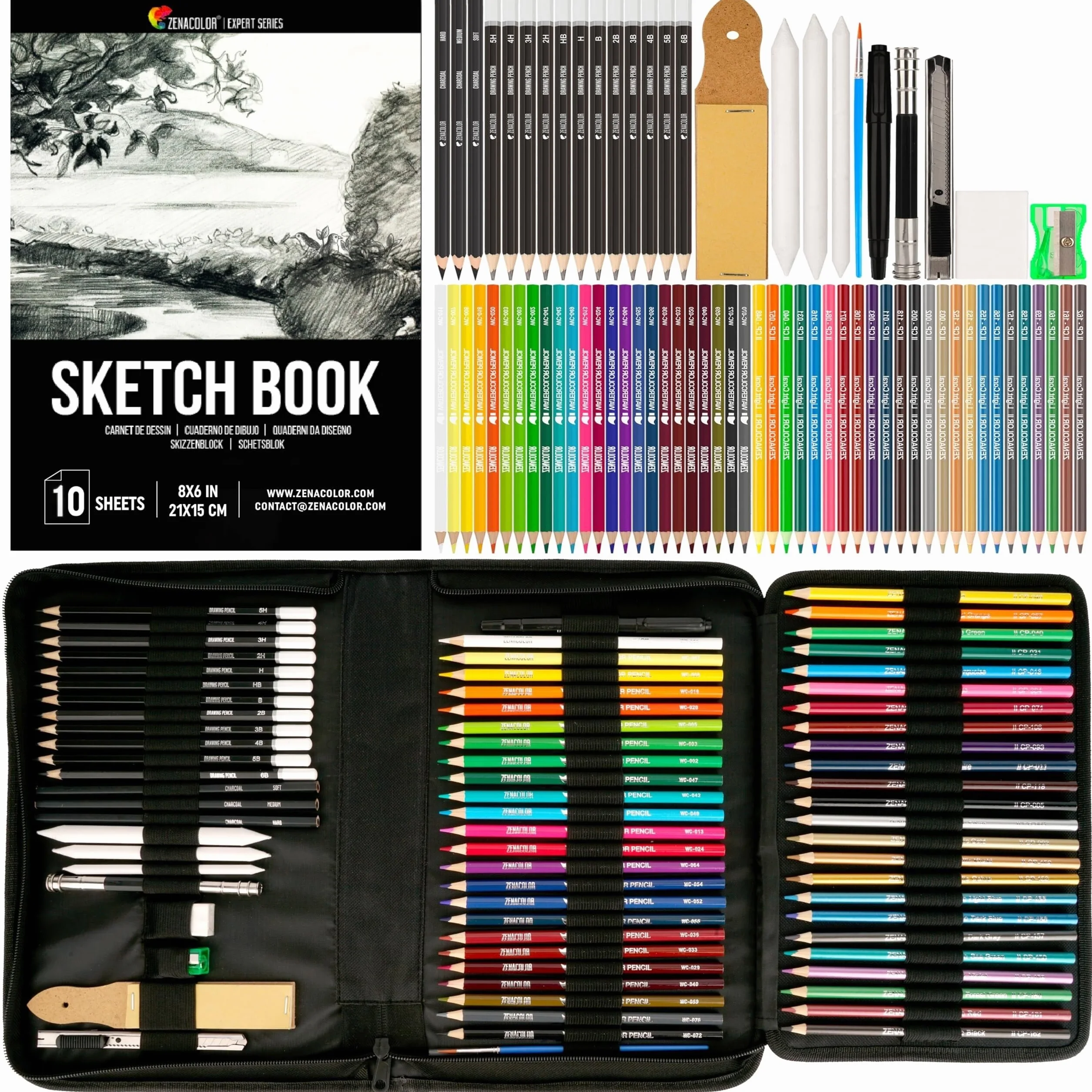 Zenacolor Kit Disegno Completo 74 Pezzi Album da Disegno Astuccio Portatile per Bambini e Adulti