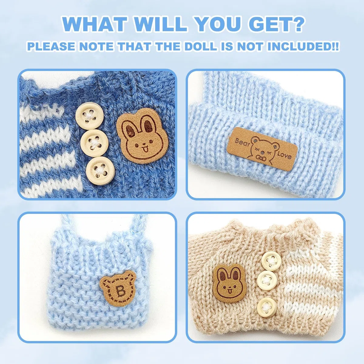 6 Pezzi Vestiti per Bambole di Peluche da 17 cm, Abiti per Bambole Lavorato a Maglia, Compresi Cappelli Vestiti e Zaini, DIY Peluche Abbigliamento, Accessori per Bambole (Blu, Bianco)