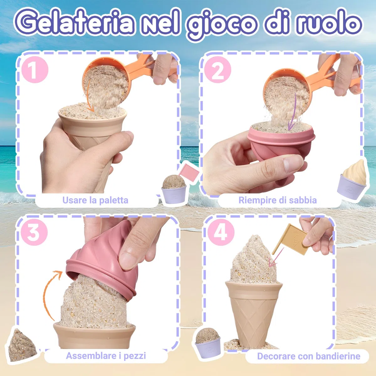 VBACALA Set Gelato Giocattolo da Spiaggia per Bambini, 13 Pezzi con Secchiello, Formine Sabbia e Accessori Gelateria, Giochi Mare e Giardino, Regalo Estate Bambini 3+ Anni