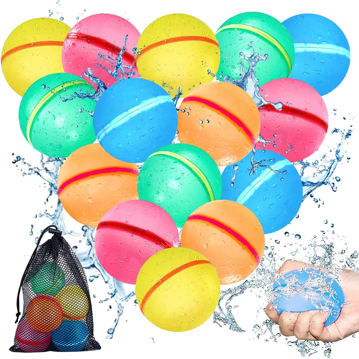 Palloncini Acqua Riutilizzabili 15 Pezzi in 5 Colori, Gavettoni Magnetici Autosigillanti in Silicone con Sacchetto a Rete, Giochi Acqua Bambini per Piscina e Spiaggia