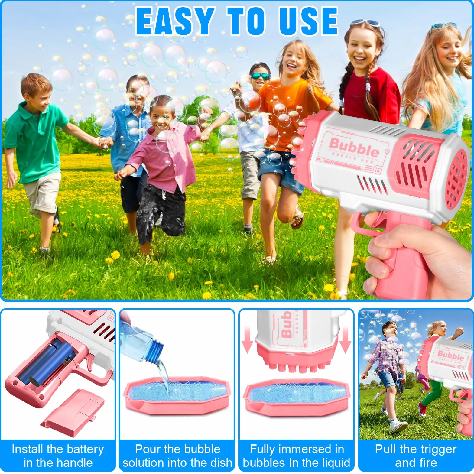 Pistola a Bolle per Bambini, Macchina per Bolle Elettrica Automatica per Bambini con 2 Pezzi Soluzione Bolla, 10000 + Bolle/Min, Luce LED, Estate per Festa, Spiaggia, Compleanno, Matrimoni
