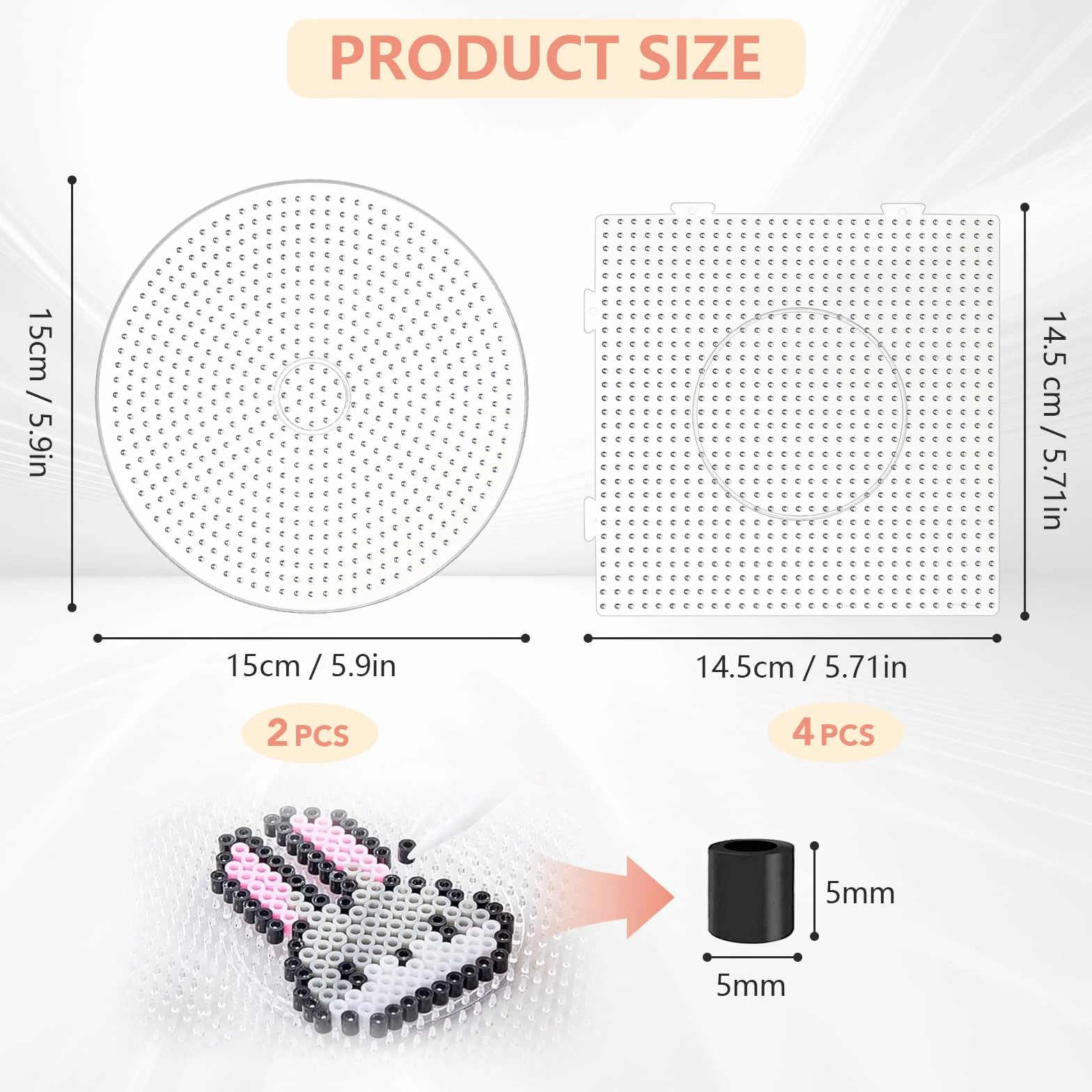 6 perline da stirare da 5 mm, 4 quadrati e 2 rotonde, in plastica, trasparenti, piastre per matite per perline da stirare, giocattolo educativo