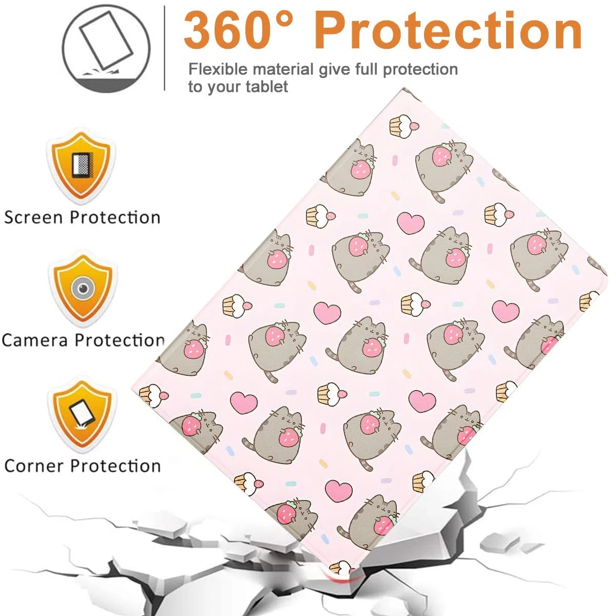 Tablet Cover per iPad 9/8/7 10,2", Modell 2021/2020/2019, 9./8./7. Generation, Cute Cartoon Cat Pusheen Motivo Moda Design con Funzione Pelle PU Holder Flip con Regolabile Tablet Protezione Case,Cat