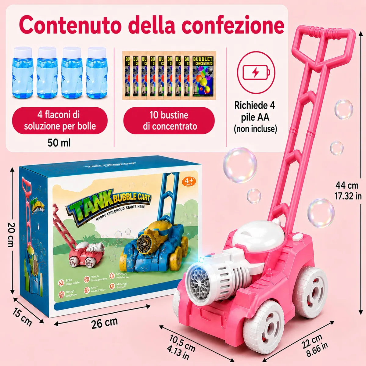 Tosaerba a Bolle per Bambini con Luce, Macchina per Bolle di Sapone da Esterno, con 4 Flaconi da 50 ml e 10 Bustine Concentrate, Giocattolo Rosa per Giardino, Cortile e Parco