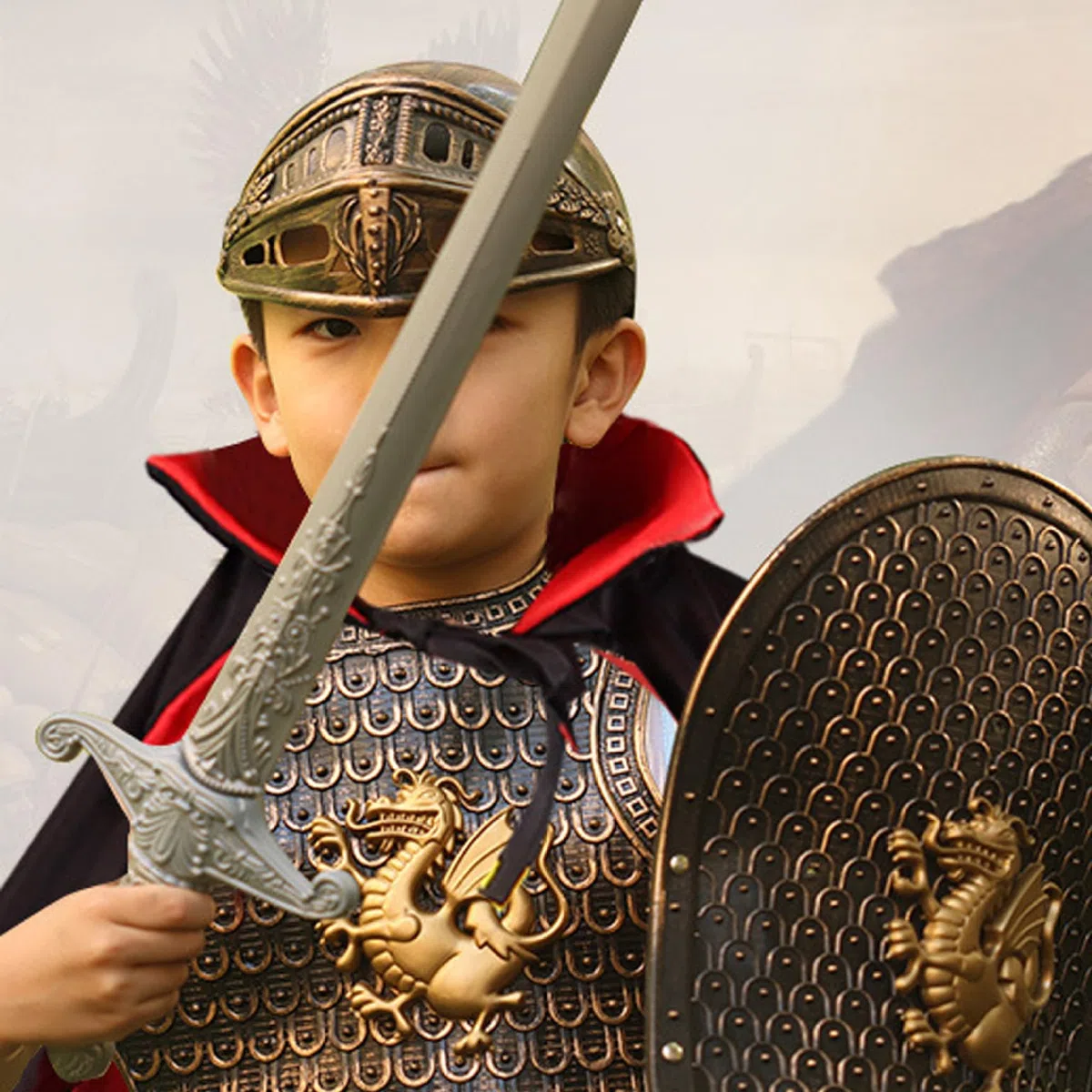 4 Pezzi/Set Costume da Cavaliere per Bambini Armatura da Cavaliere in plastica con Casco Spada e Scudo per Bambini per Feste a Tema VBS Vestire Costumi di Ruolo