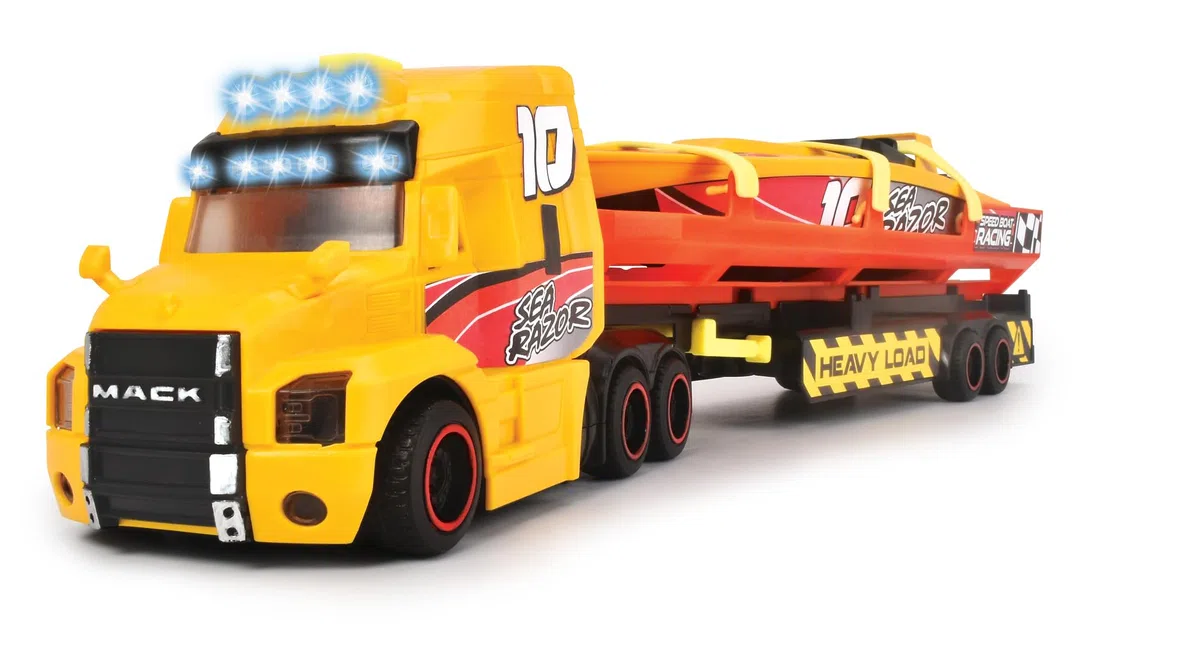 Dickie City Sea Race Mack Truck 40 cm, Parti apribili, Luci & Suoni, Incluso motoscafo con Motore a Molla, + 3 Anni, 203747009
