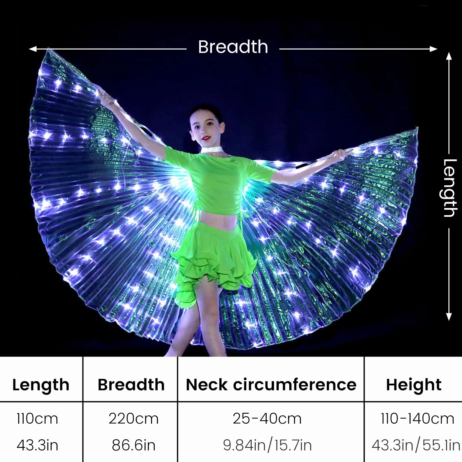 Ala di danza del ventre, ali luminose per bambini, chiusura in con aste telescopiche, 2 modalità di controllo della luce LED, ali di farfalla, per Carnevale, palcoscenico, Natale, feste di