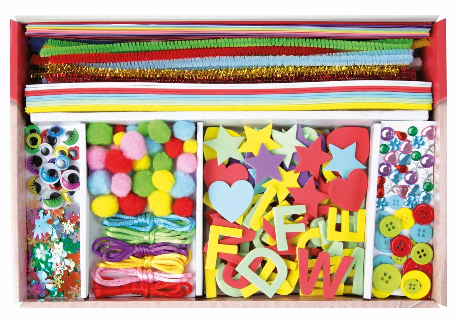 Lena 42714 - Valigetta per bricolage, con Carta Colorata, Gomma espansa, detergente per Pipe, Strass, Occhi oscillanti, Pompon, Bottoni e Molto Altro Ancora, per Bambini dai 5 Anni in su, 400 Rosa e