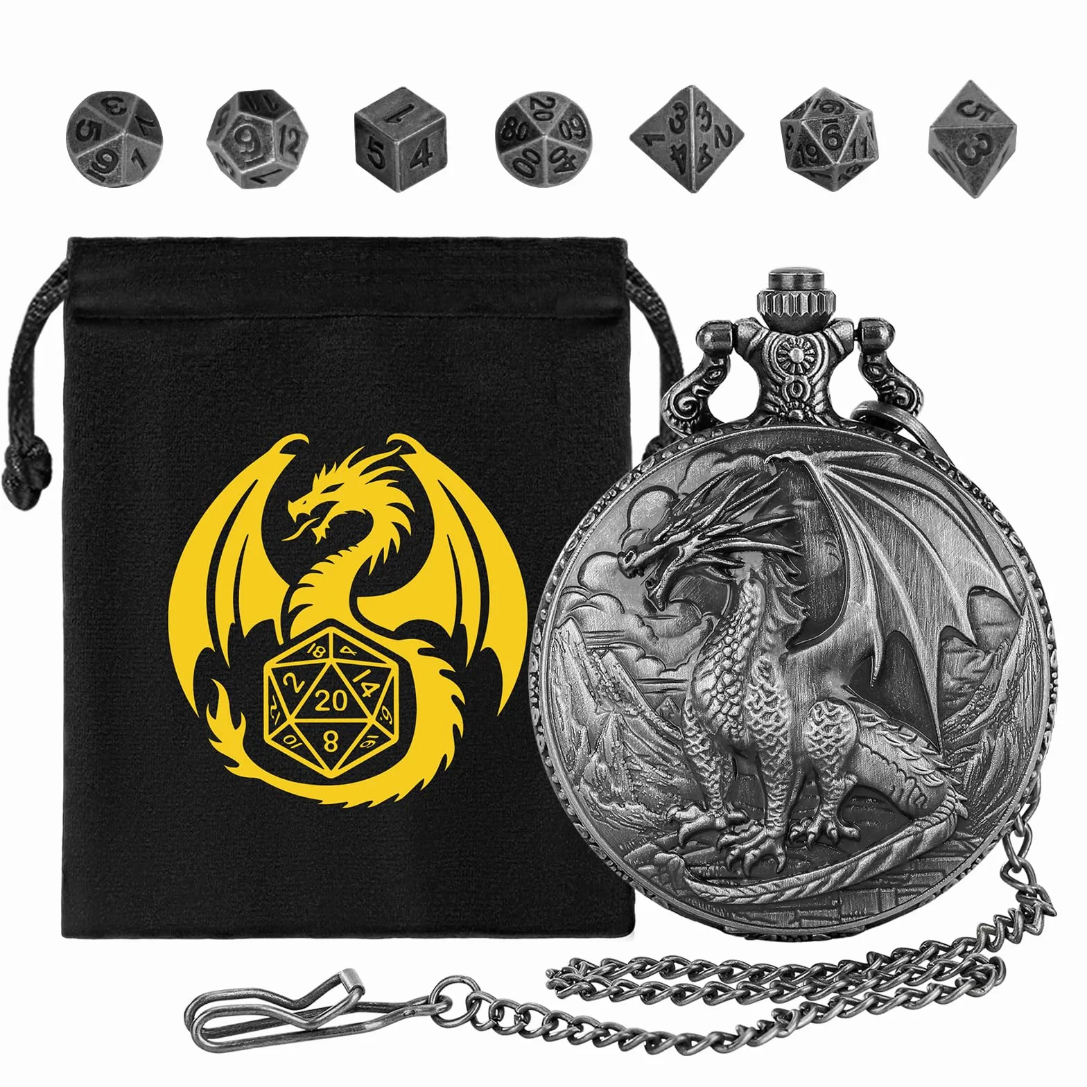 Mini set di dadi DND, con contenitore a forma di orologio da tasca a tema steampunk con drago in piedi, 7 dadi poliedrici in metallo D&D, regali DND con logo del drago, sacchetto regalo, accessori per