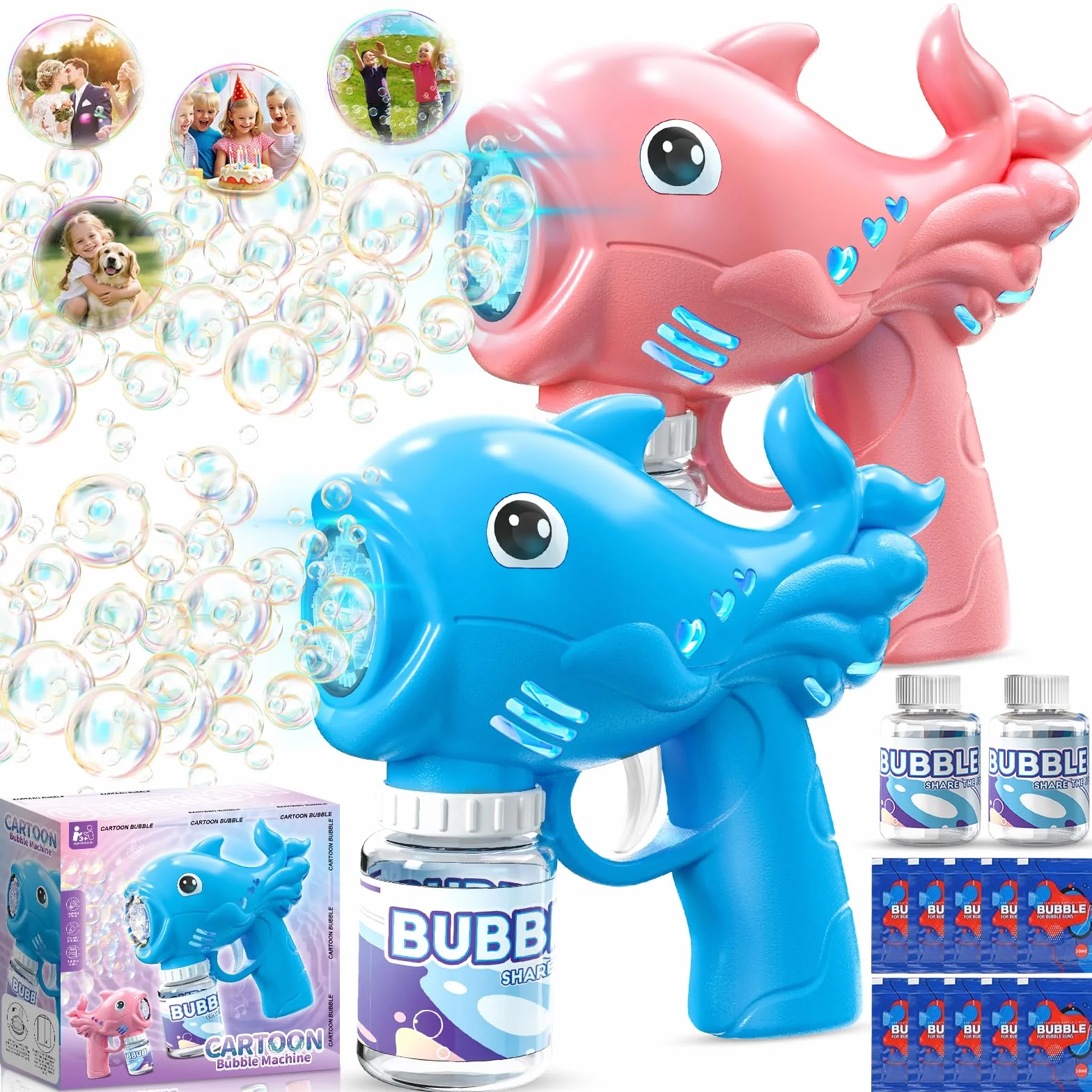2 Pieces Pistola a Bolle per Bambini, Sparabolle di Sapone LED con 2 × 70ML Flaconi di Liquido per Bolle, Macchina Automatica per Bolle per Attività All'aperto, Feste e Matrimoni (Rosa e Blu)