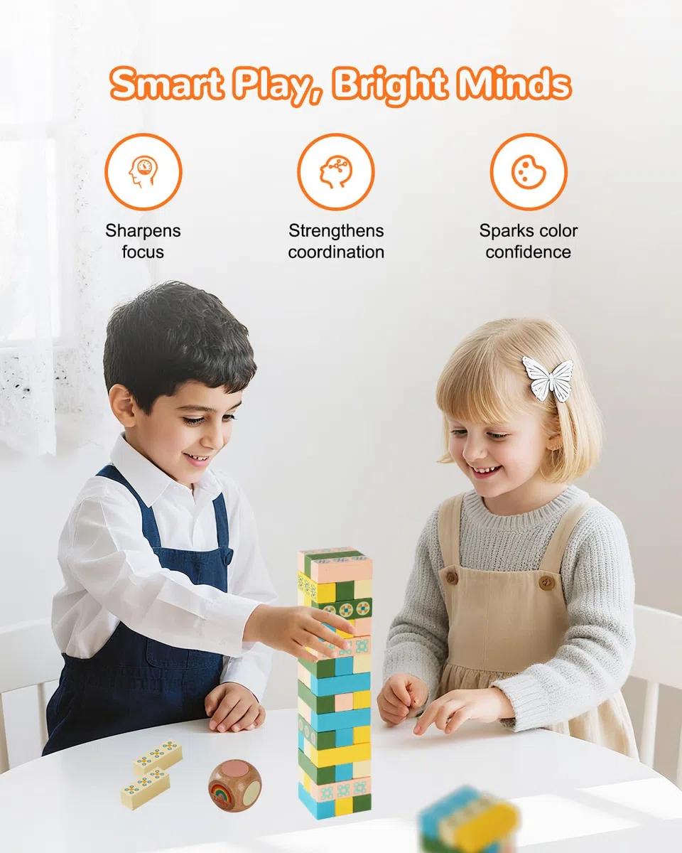 Gioco in Legno Tumble Tower per Bambini e Adulti – Gioco da Tavolo Divertente e Veloce per una Serata in Famiglia, Sfida di Abbinamento con Blocchi da Costruzione per Giochi da Festa o in Classe