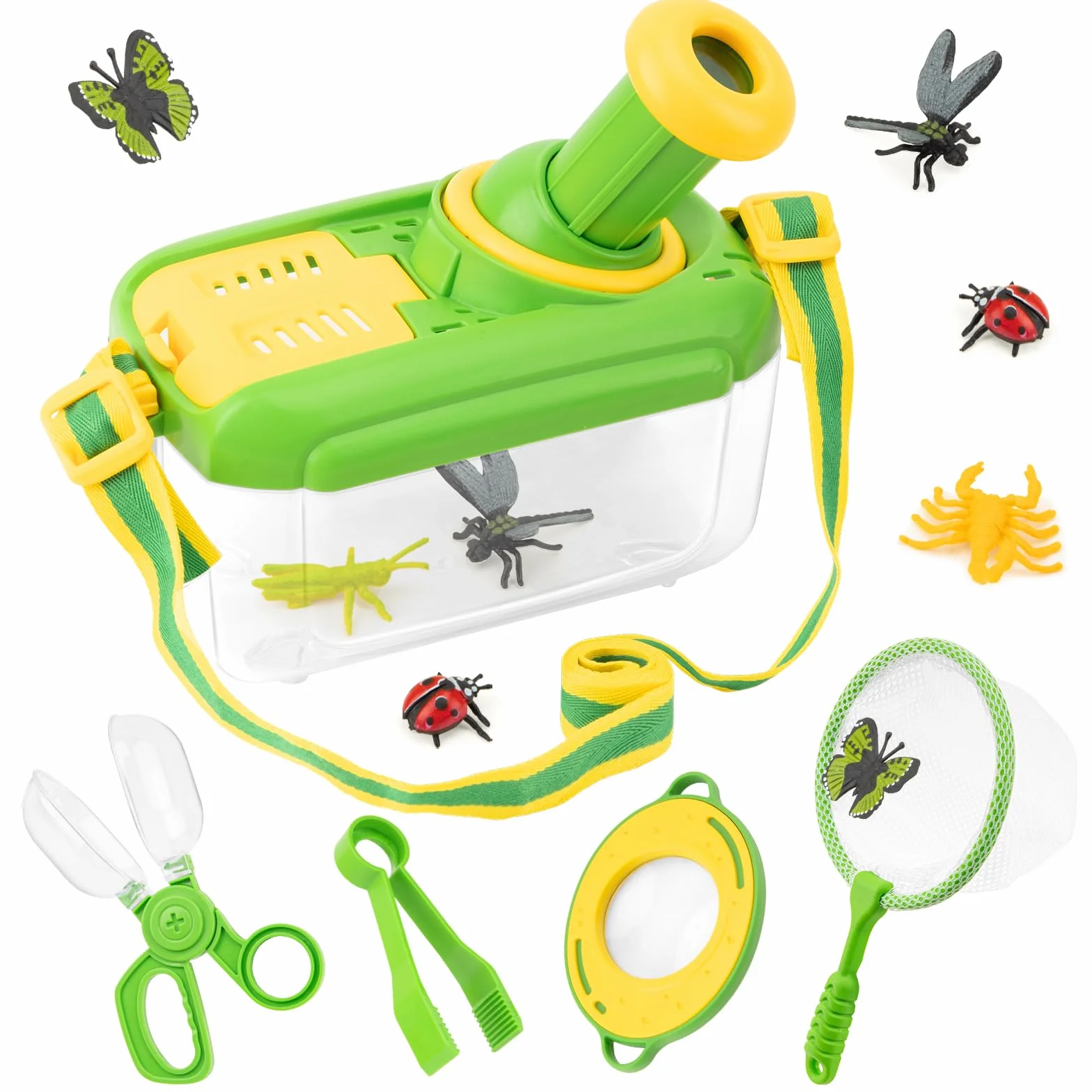 Set di Giocattoli da Esploratore Esterno, 5 Pezzi Set di Caccia agli Insetti per Bambini, incl Casella degli Insetti, Lente di Ingrandimento, Reti per Farfalle, Pinzette, 12 Insetti Falsi