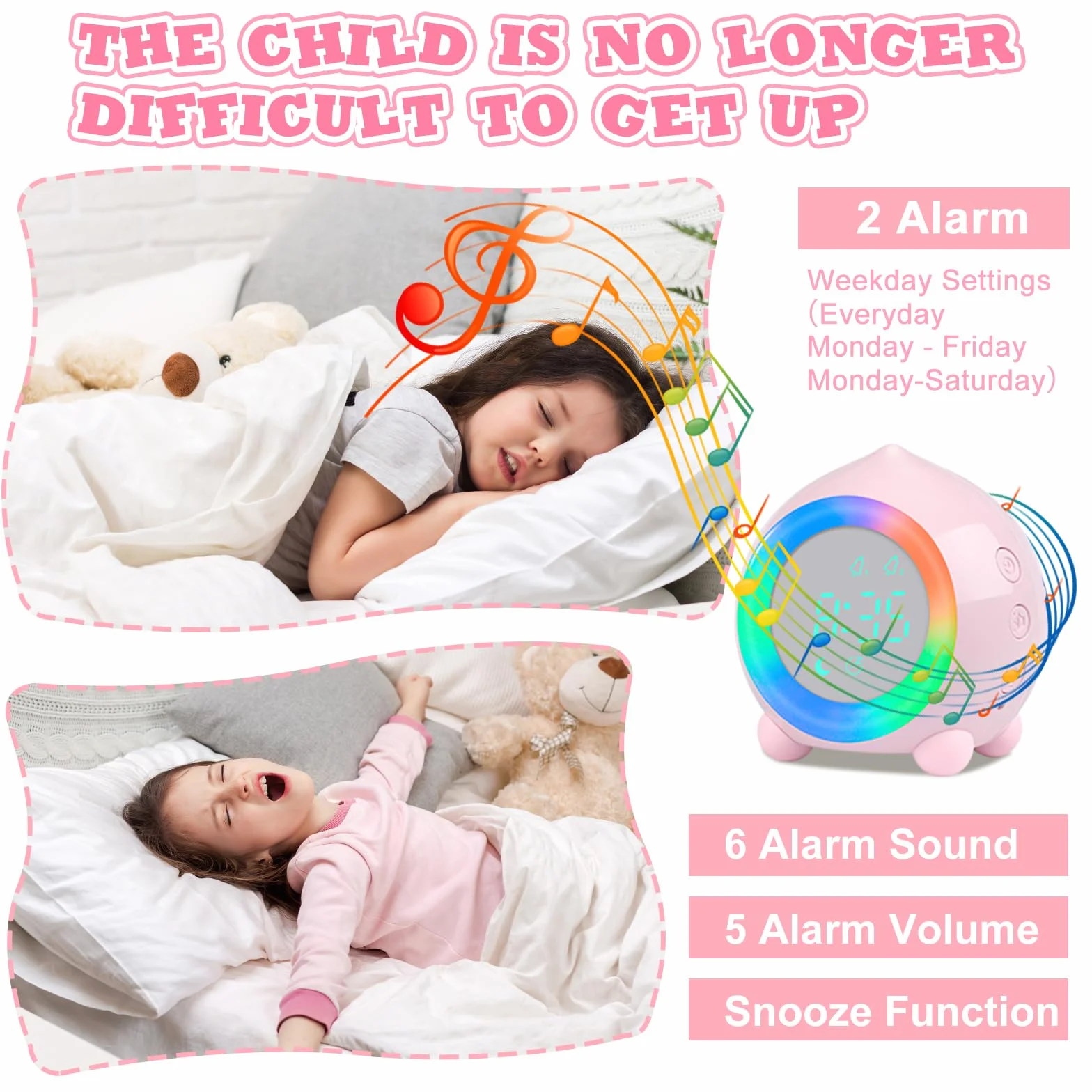 Sveglia Digitale per Bambini con Snooze,Luce Notturna,12/24 Ore,Sveglia da Comodino per Ragazzi e Ragazze,Facile da Usare per L'asilo,La Camera da Letto,il Soggiorno（Rosa）