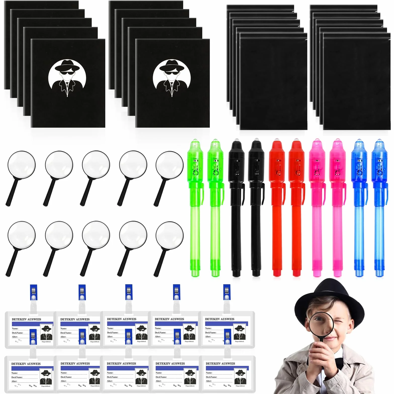 Gioco investigativo per bambini, 50 pezzi, kit spia con notebook, lente d'ingrandimento e carte d'identità detective