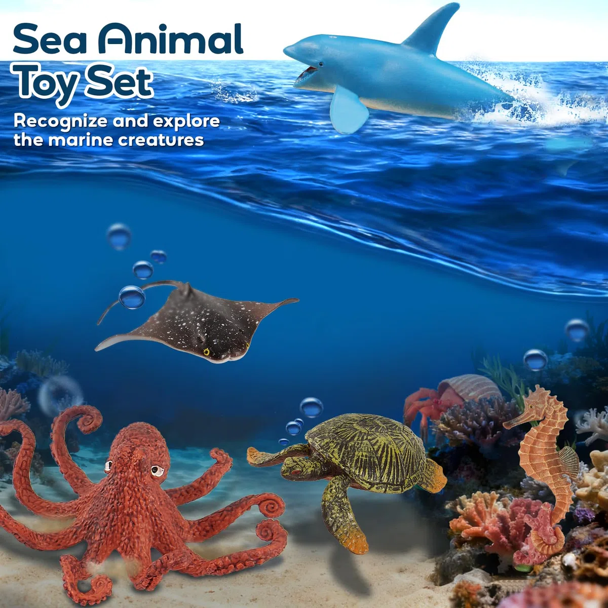 HAYKIDS 12 Pezzi Animali Marini Giocattoli, Modello Giocattolo Marino 7-14 CM, Tartaruga, Polpo, Aragosta, Set Figurine Animali Oceanici per Bambini 3+ Anni