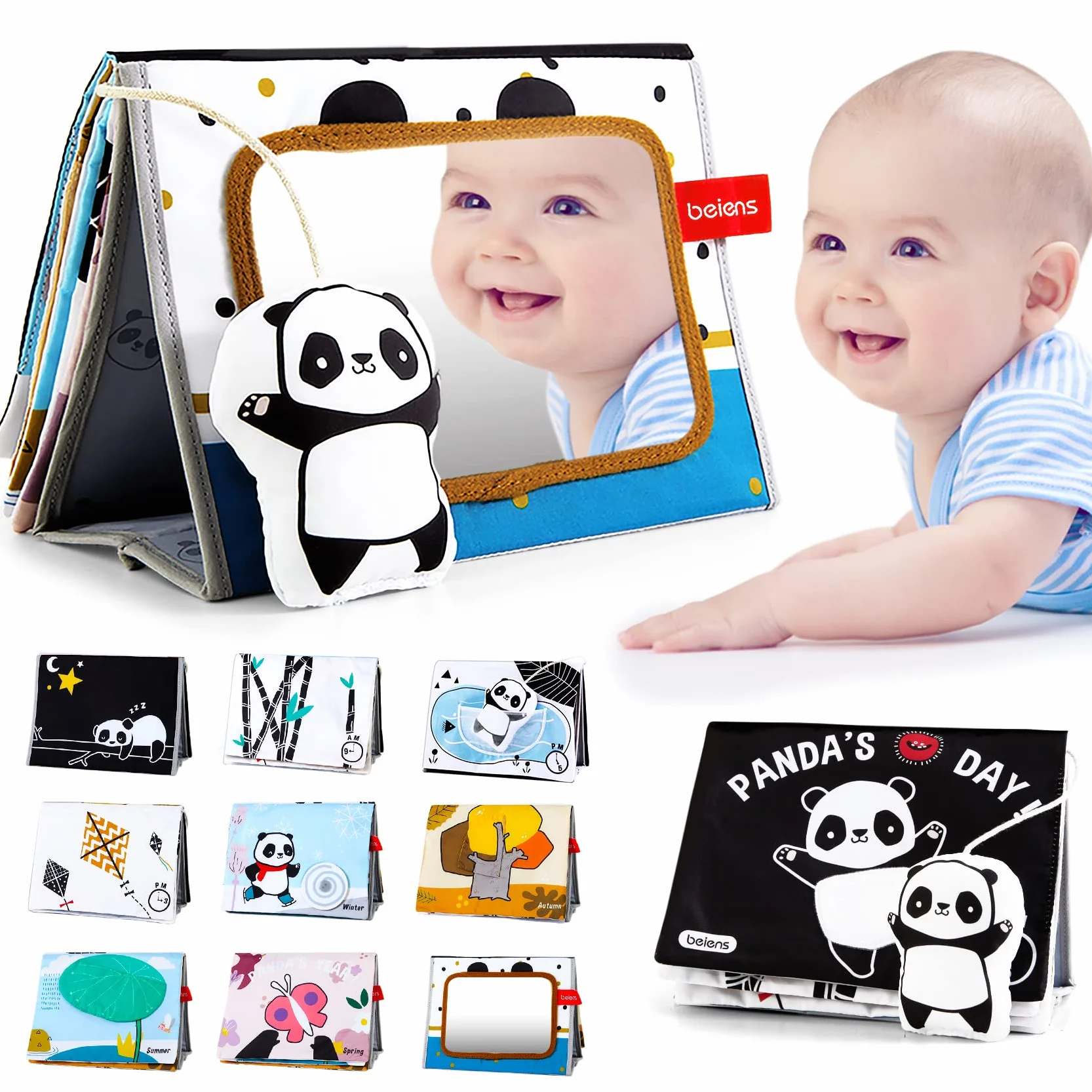 beiens Libri Tattile Sensoriali Stoffa Neonati, Giocattoli a Specchio per Bambini, Panda Giochi Montessori Neonato 0 3 6 12 Mesi, Tummy Time Libro sensoriale Bianco e Nero Passeggino Educativi Regali