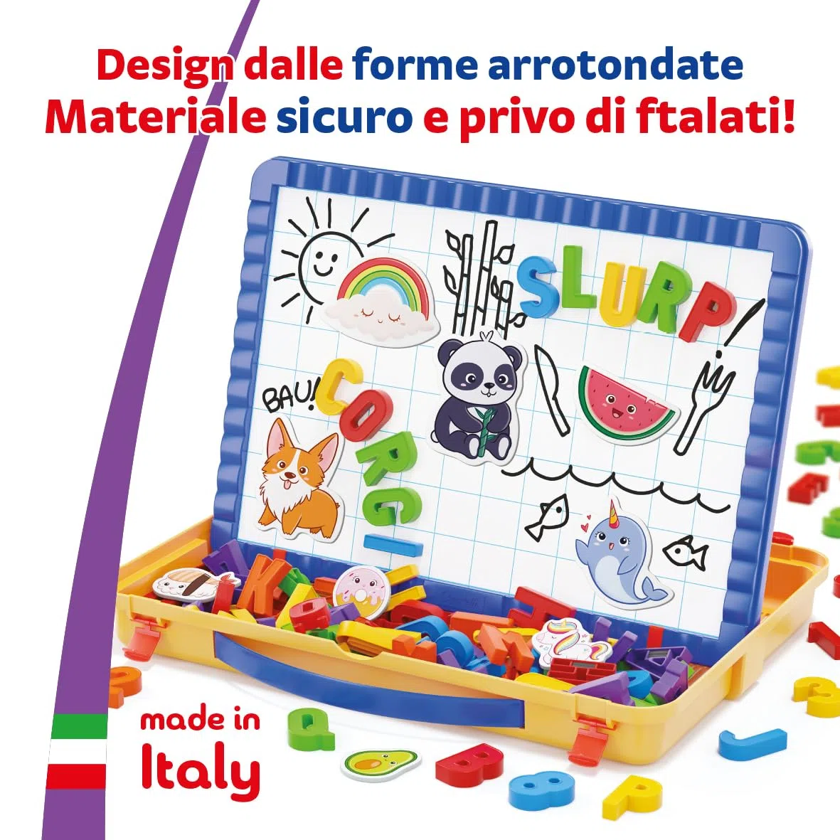 Quercetti Magnetino Letters Lavagna per Bambini 4-8 Anni con Lettere Magnetiche per Bambini, Lavagna Cancellabile con Piedini, Giochi Educativi, Made in Italy