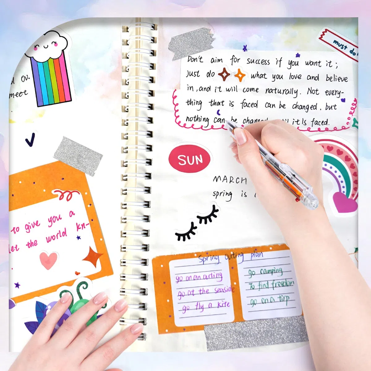 Herenear Set di Accessori per Scrapbook, 92 Pezzi DIY Scrapbooking Kit con Estetico Journaling A5, 8 Fogli di Adesivi Contiene Oltre 100+ Modelli, Scrapbooking kit Regalo per Ragazze Compleanni