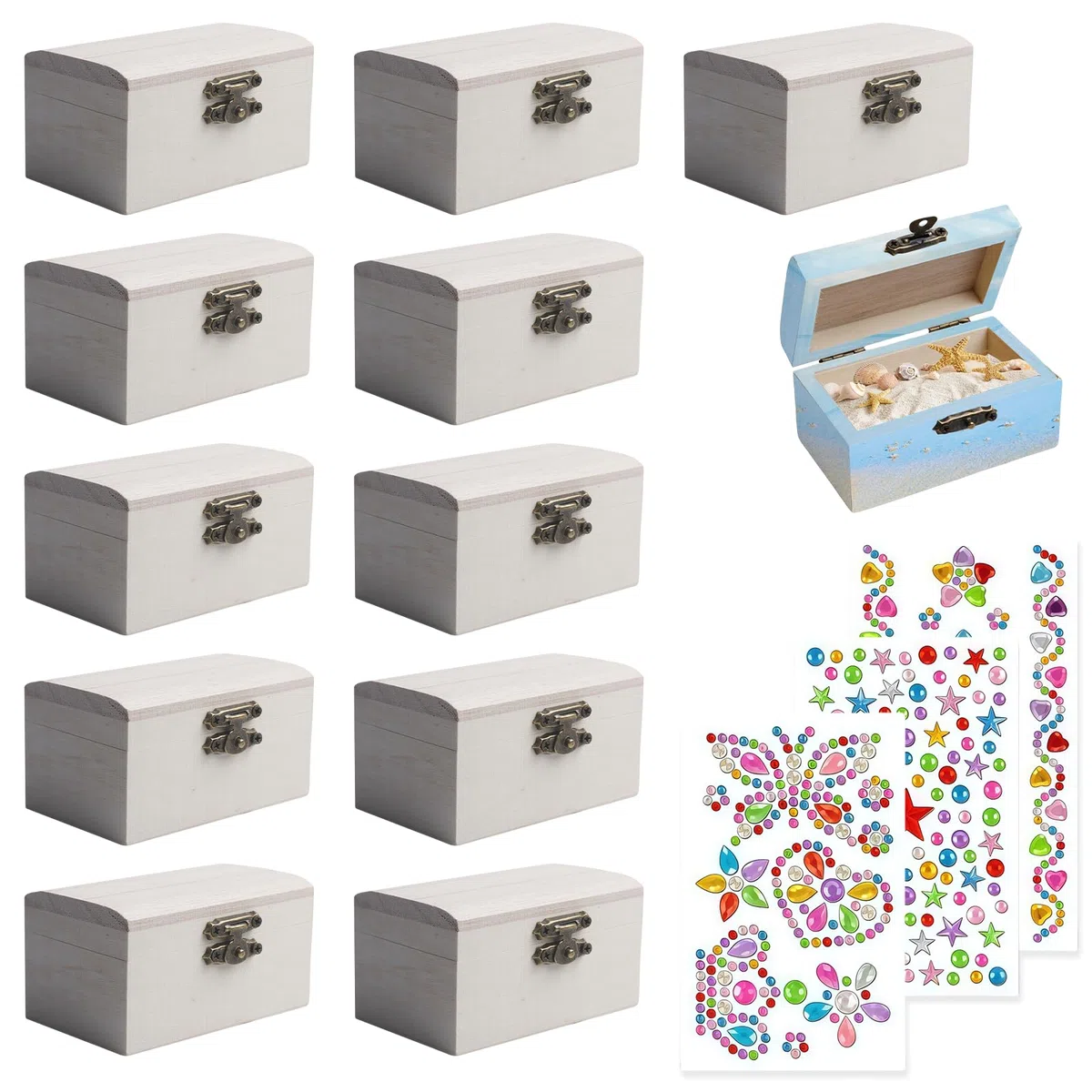 Mini scrigno del tesore: 12 pezzi fai da te piccola scatola di legno con coperchio con 3 adesivi, scatola del tesoro per il compleanno dei bambini per dipingere, scatola regalo fai da te per