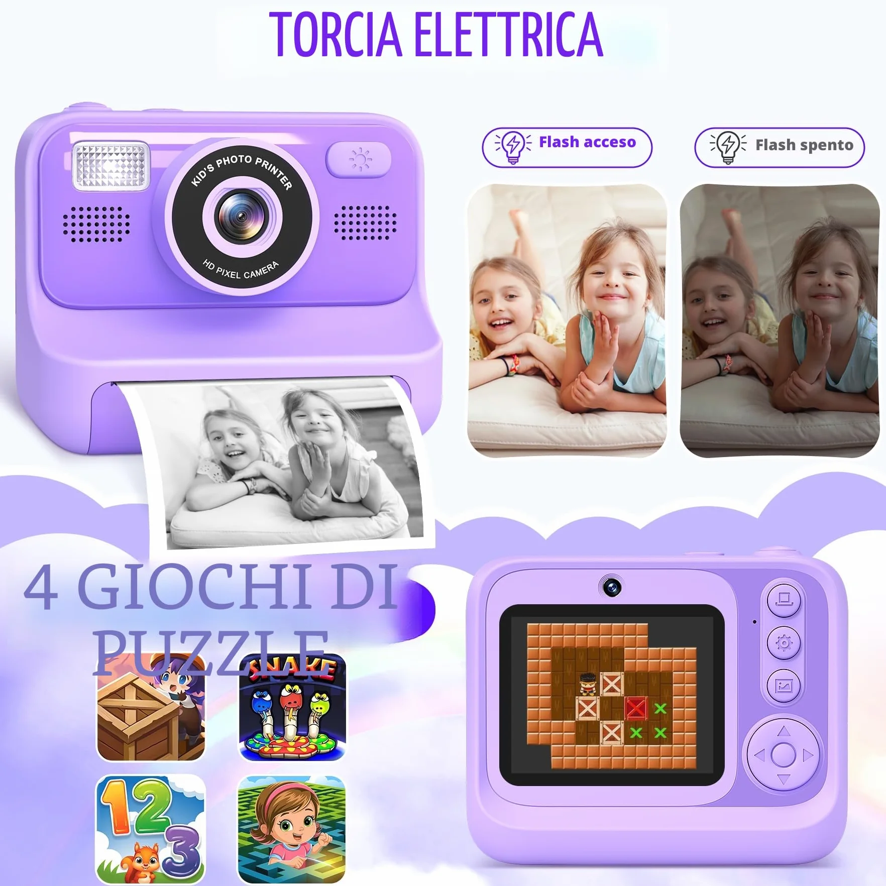 Subtail Fotocamera istantanea per bambini, 1080P, fotocamera istantanea per bambini, fotocamera digitale per selfie con 32 GB, giocattolo di compleanno a partire da 3-12 anni(Viola)