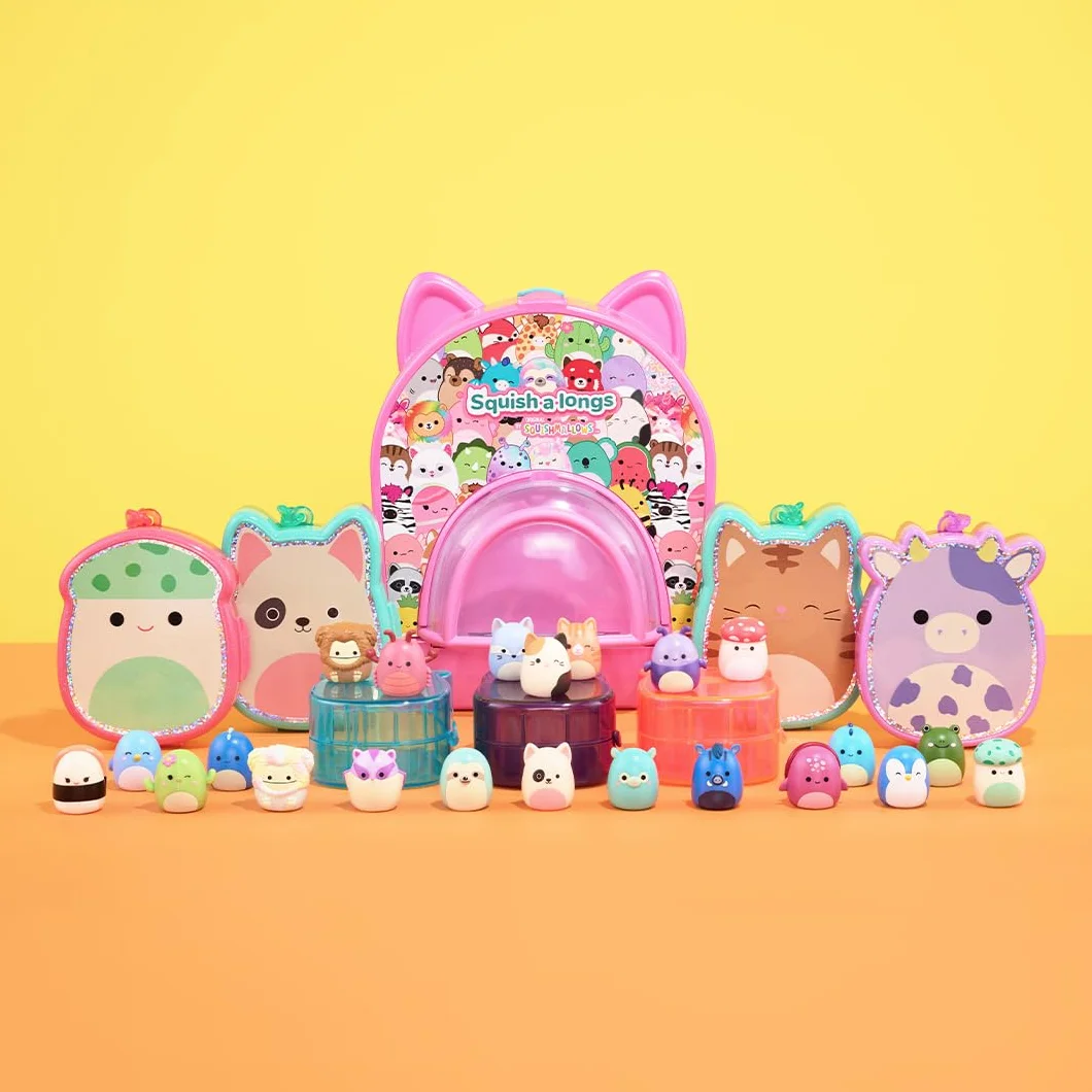 Squish-a-longs Original Squishmallows Party Pack On-The-Go Playset - Serie 1 - Tre mini squish da 2,5 cm con 9 arredi - Colleziona, scambia e gioca