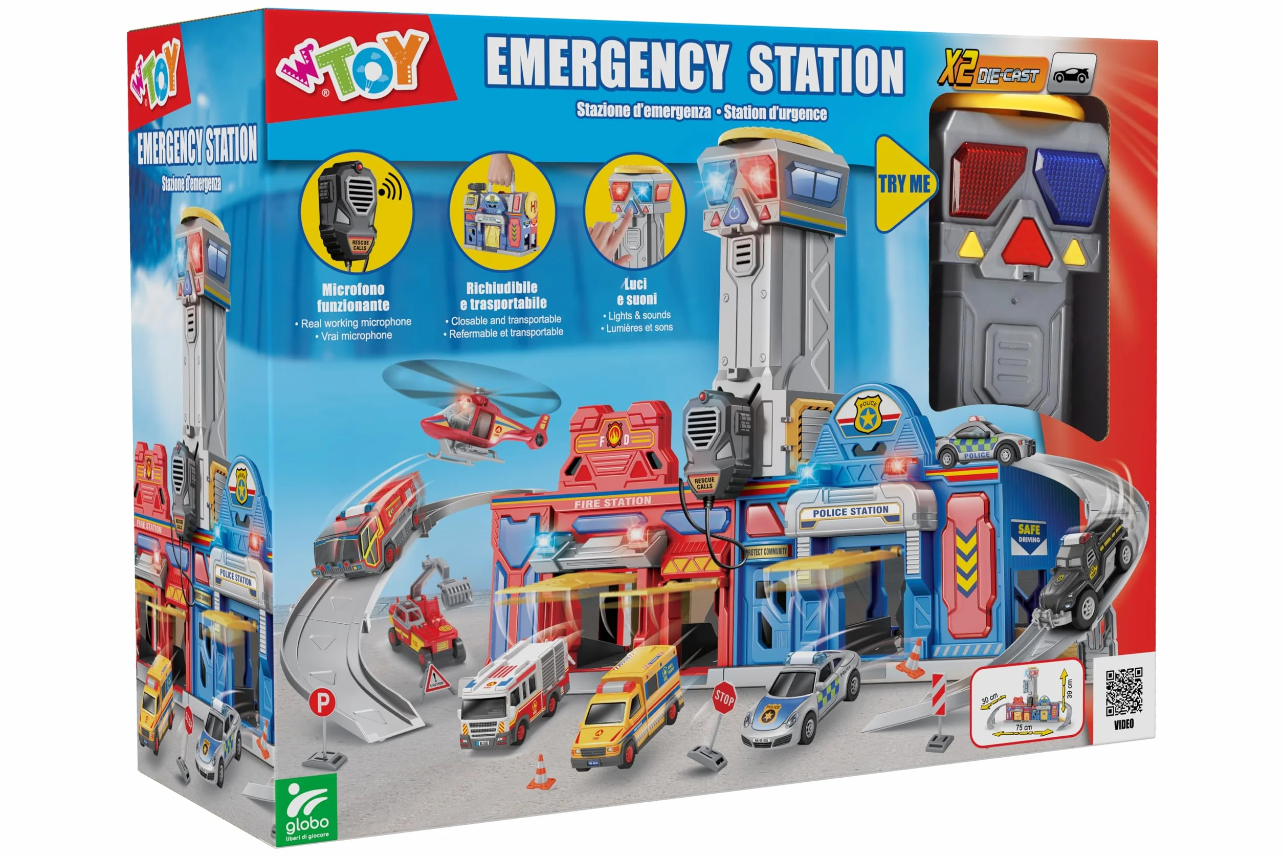 Grande stazione di Emergenza con Suoni e Luci - Pompieri e Polizia - Suoni e Luci - Megafono - 2 Modellini auto die-cast incluse - Dimensioni 75 x H 39 x 30 cm - Globo Giocattoli - WToy 42189
