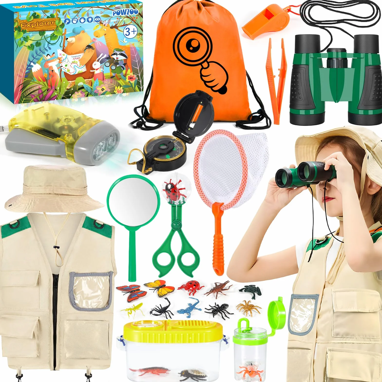 21 Pezzi Set da Esploratore per Bambini,con Gilet,Cappelli, binocolo,Bussola,Lente d'Ingrandimento e Altro,Fantastico Regalo per l'esplorazione della Natura e l'avventura per i Bambini.