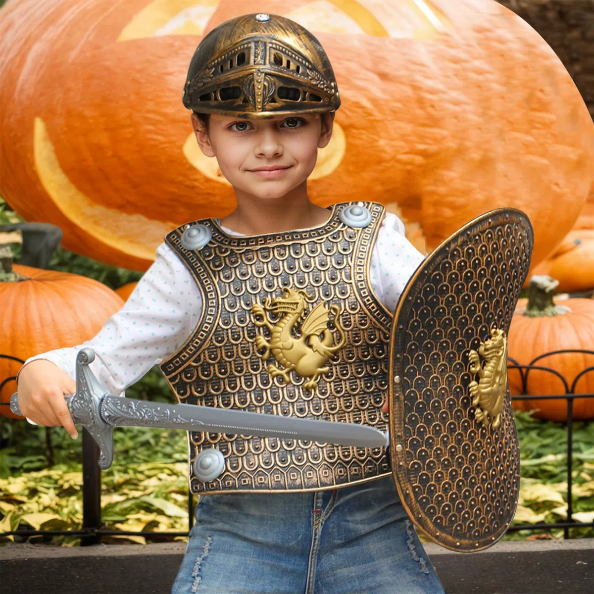 4 Pezzi/Set Costume da Cavaliere per Bambini Armatura da Cavaliere in plastica con Casco Spada e Scudo per Bambini per Feste a Tema VBS Vestire Costumi di Ruolo