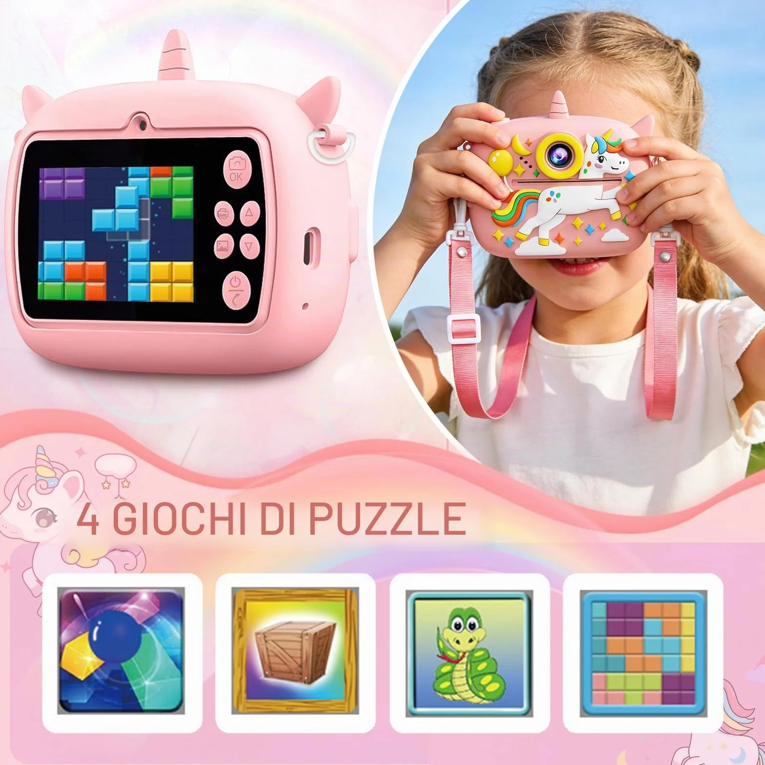 Macchina Fotografica Bambini, 2,4 Pollici Macchina Fotografica Istantanea, 1080P Macchina Fotografica Bambini Istantanea, con 32GB Scheda SD e Carta da Stampa, Regalo per Bambini dai 3-12 Anni