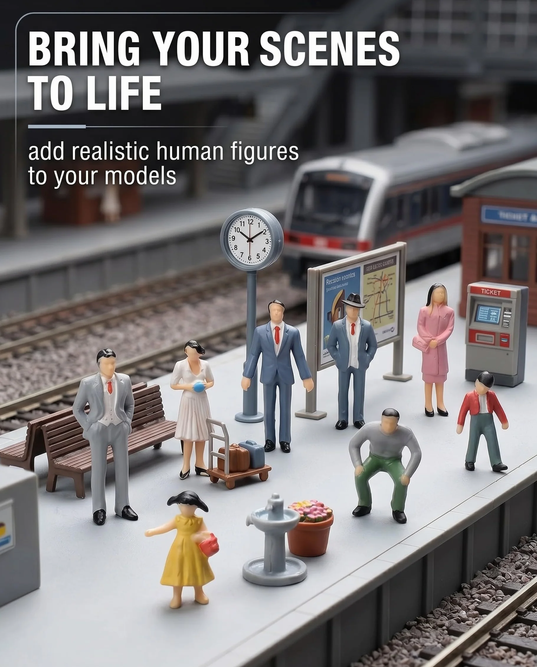 Mini Figurine di Persone 20 Pezzi Scala 1:30, Dipinte Assortite Sedute e in Piedi, Ideali per Modellismo Ferroviario, Diorami Architettonici