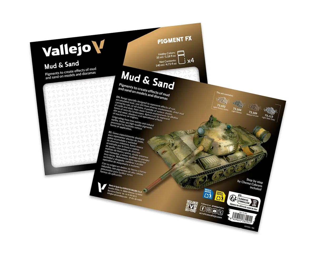 Vallejo Pigment FX Set di Pigmenti per Maquette e Diorami, Kit di 4 Colori Sintetici da 35 Ml, Tutorial Incluso per Simulazione di Barro e Arena