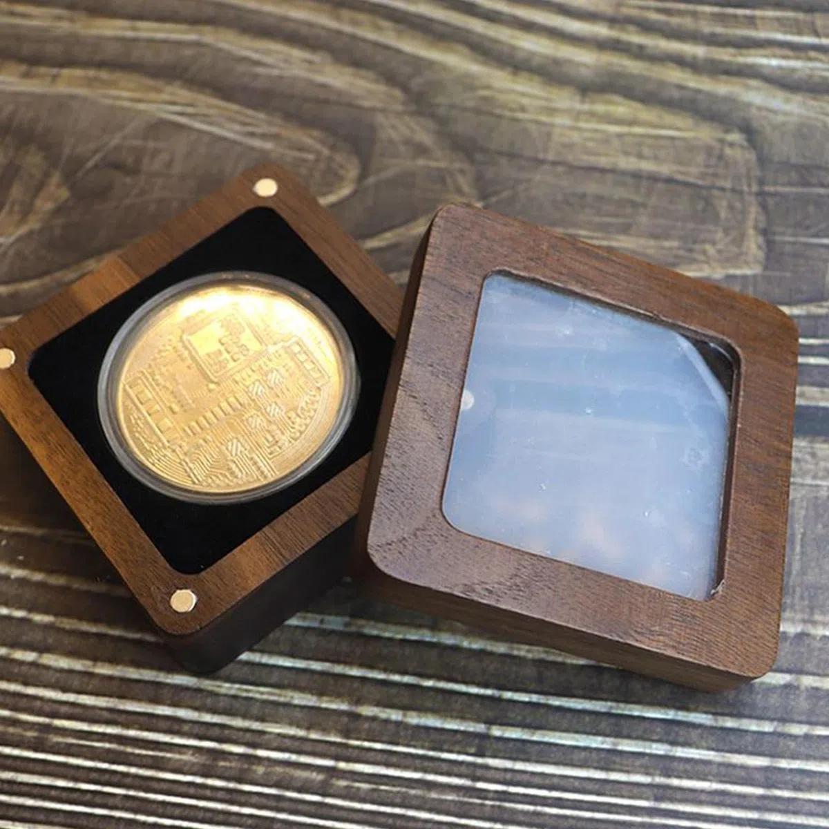 Scatola di presentazione per monete – Vetrina moneta singola in legno di noce, porta badge, scatola da collezione | famiglia, amici, colleghi, organizer regalo per monete, medaglie, marchi di valore