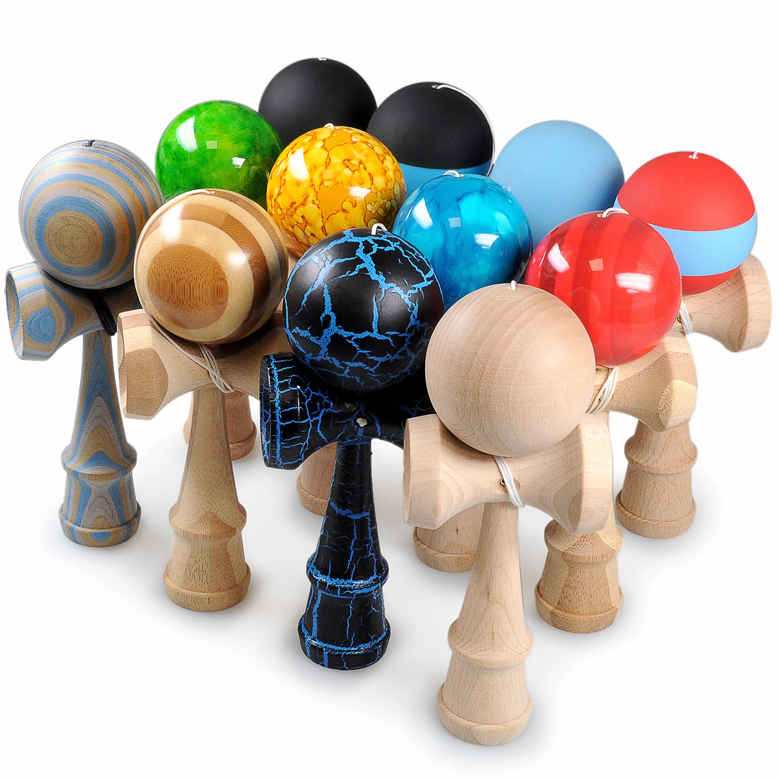 Ganzoo Kendama in faggio massello, Modello Red & White Flash Rosso Bianco, attrezzo Tradizionale di abilità con Sfera e Filo, 3 Calotte di Presa, Puntale, Misure Standard Altezza 16 cm, per Tecnica